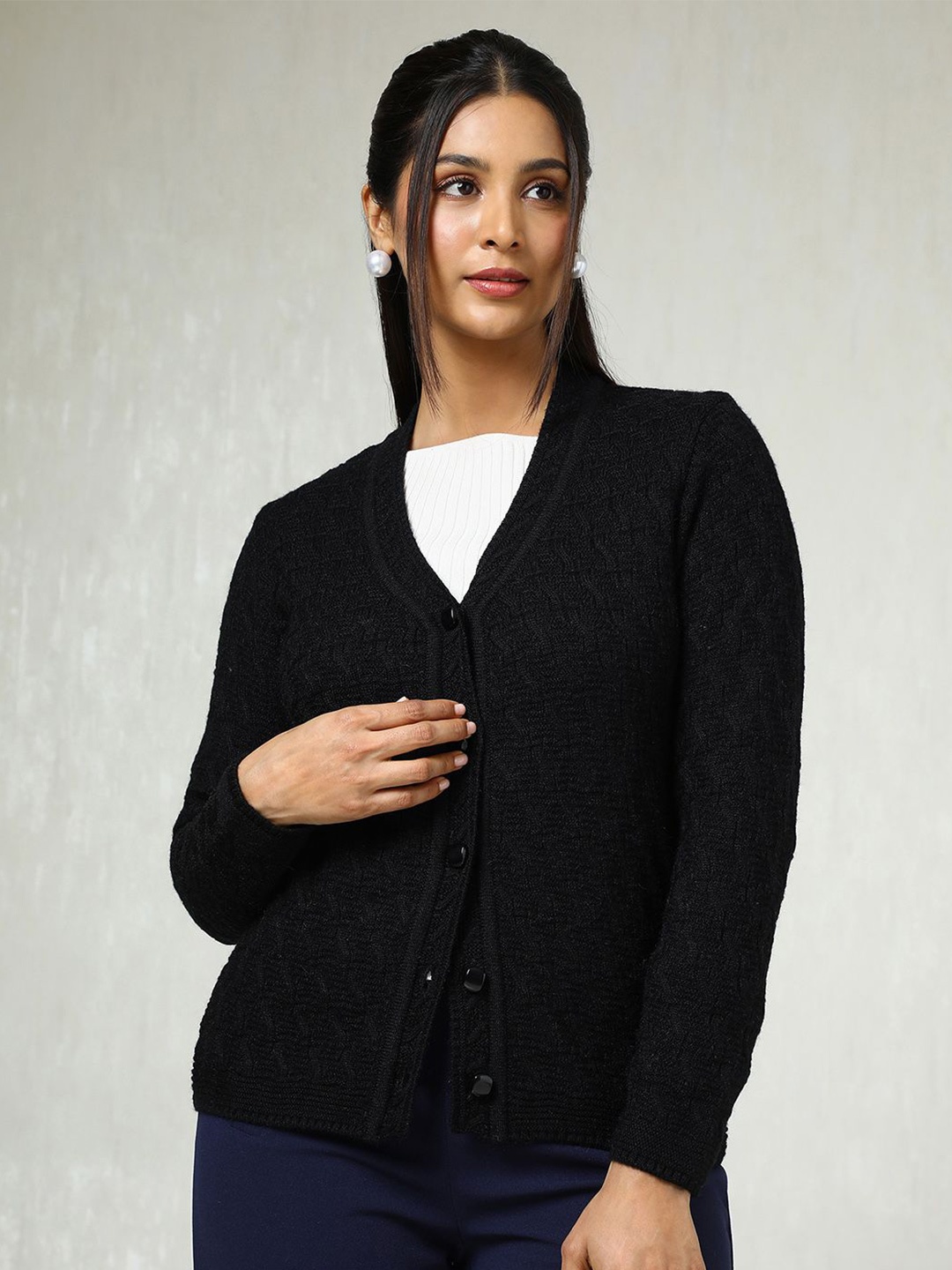 

Soch Women Self Design V-Neck Cardigan Sweater, Black