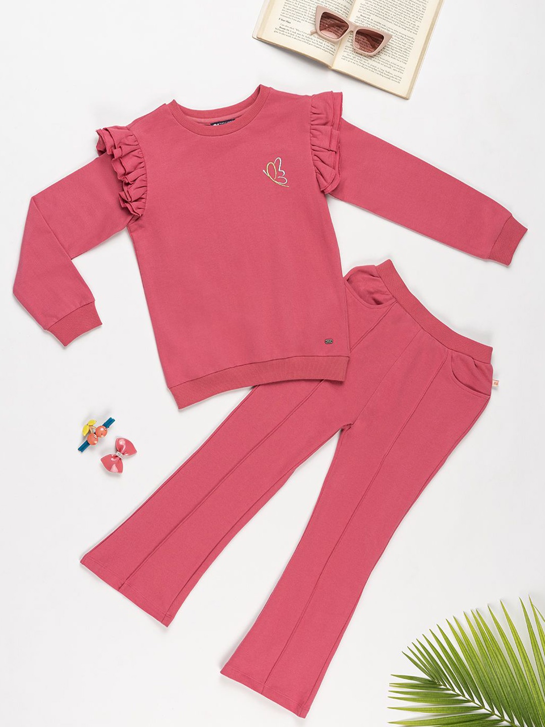 

Purple United Kids Girls Round Neck Long Sleeves Pure Cotton Sweatshirt With Trouser, Pink