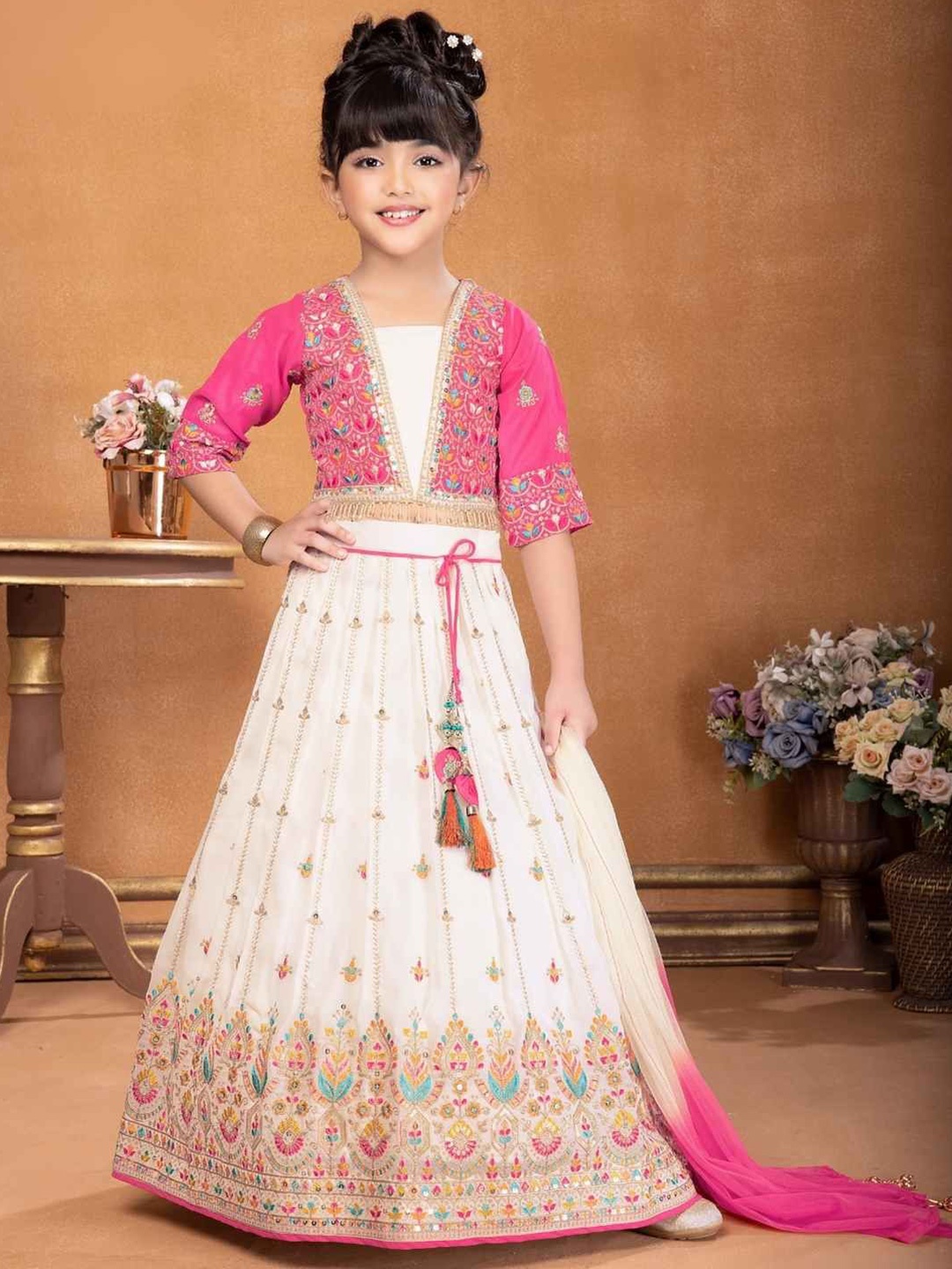 

Lagorii Girls Embroidered Sequinned Ready to Wear Lehenga & Blouse With Dupatta, Pink