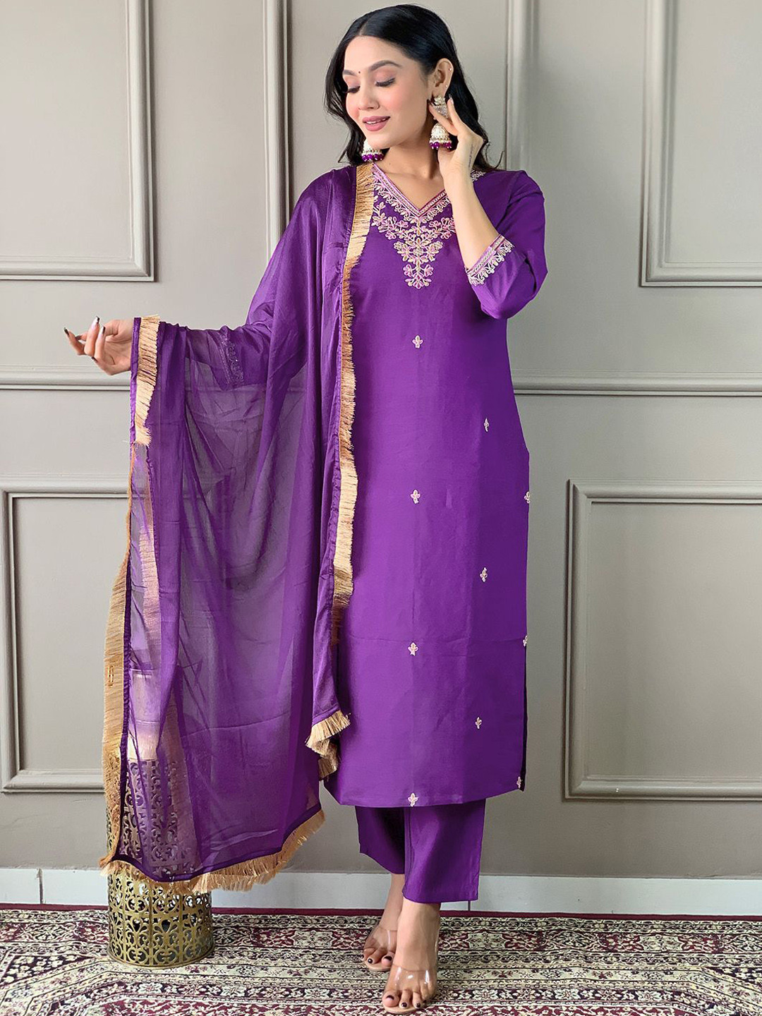 

KALINI V-Neck Floral Embroidered Thread Work Straight Kurta with Trouser & Dupatta, Violet