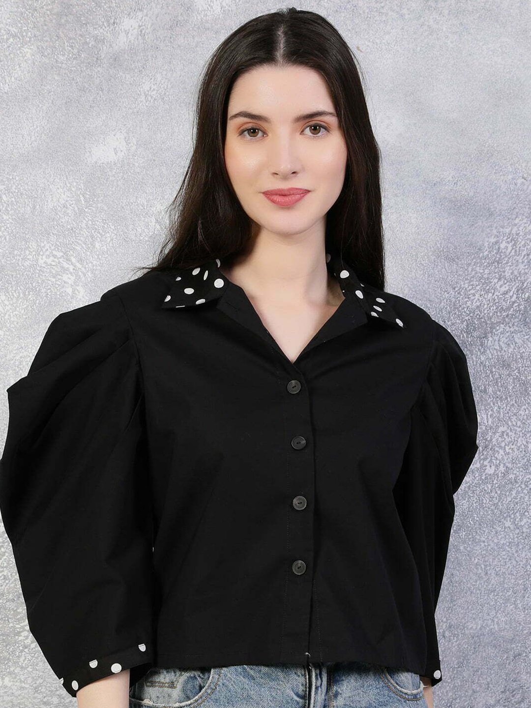 

THE BLACK LOVER Women Pure Cotton Puff Sleeve Cotton Shirt Style Top