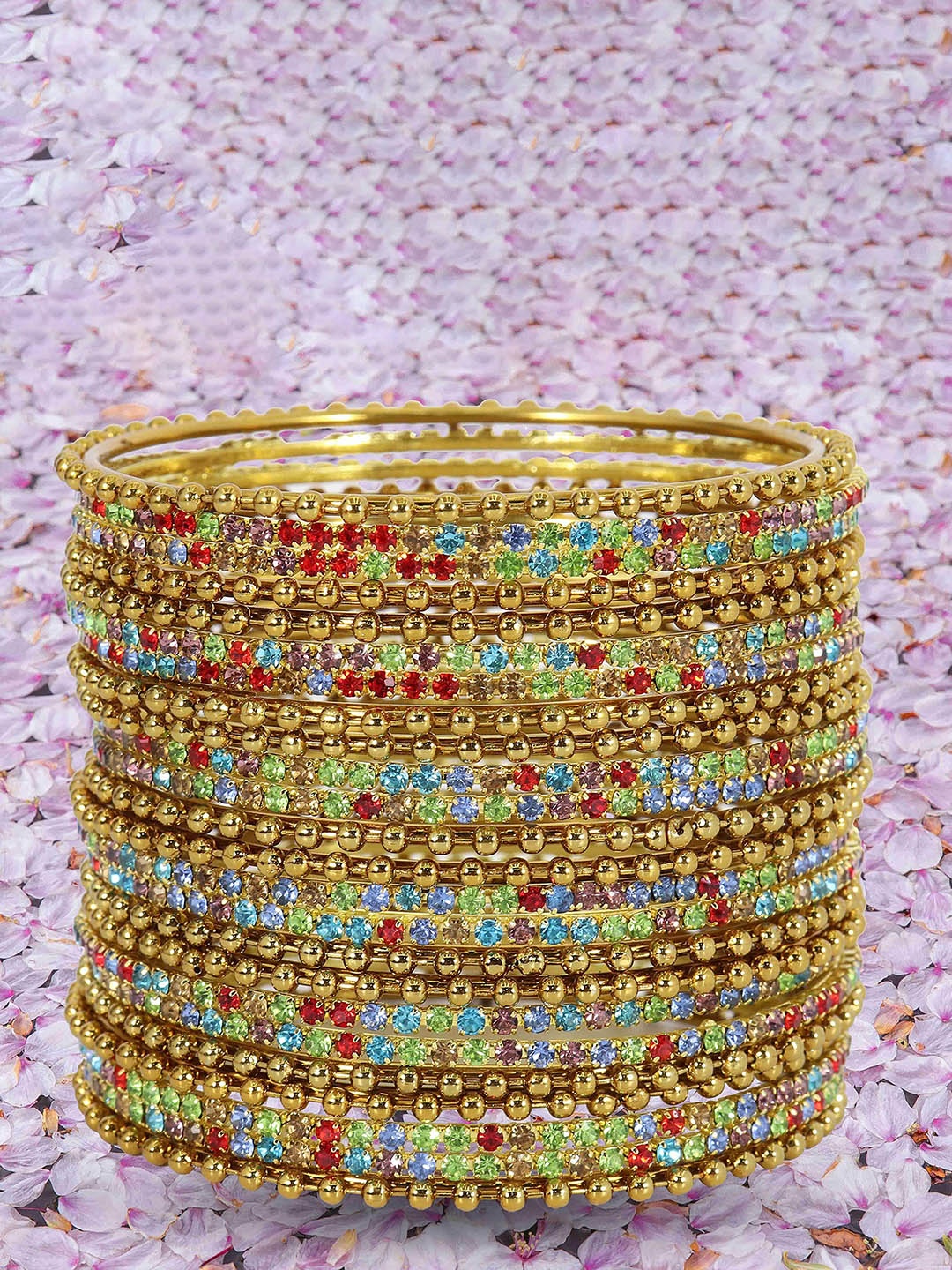 

ZULKA Set of 24 Metal Zircon Gemstone Studded Bangles, Gold