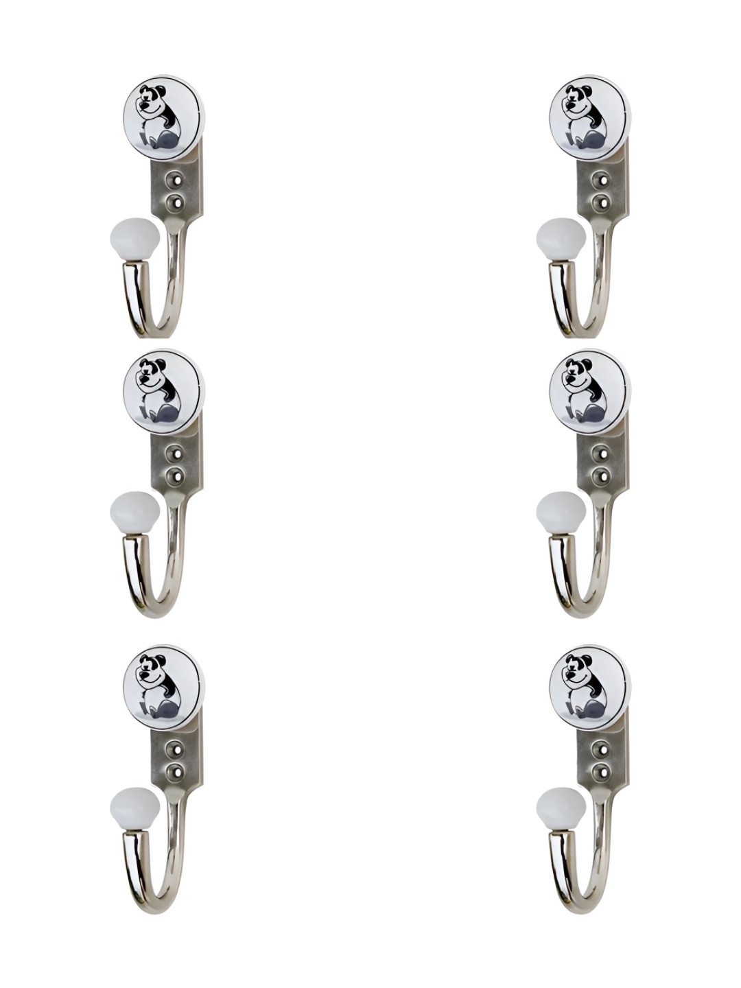 

IndianShelf Silver-Toned & White 6 Pieces Panda Printed Ceramic & Zinc Wall Hooks