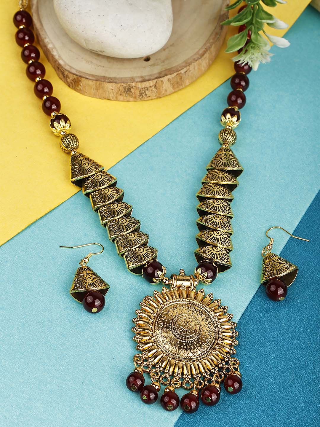 

SUNHARI Gold-Plated Beaded Oxidised Jewellery Set, Maroon