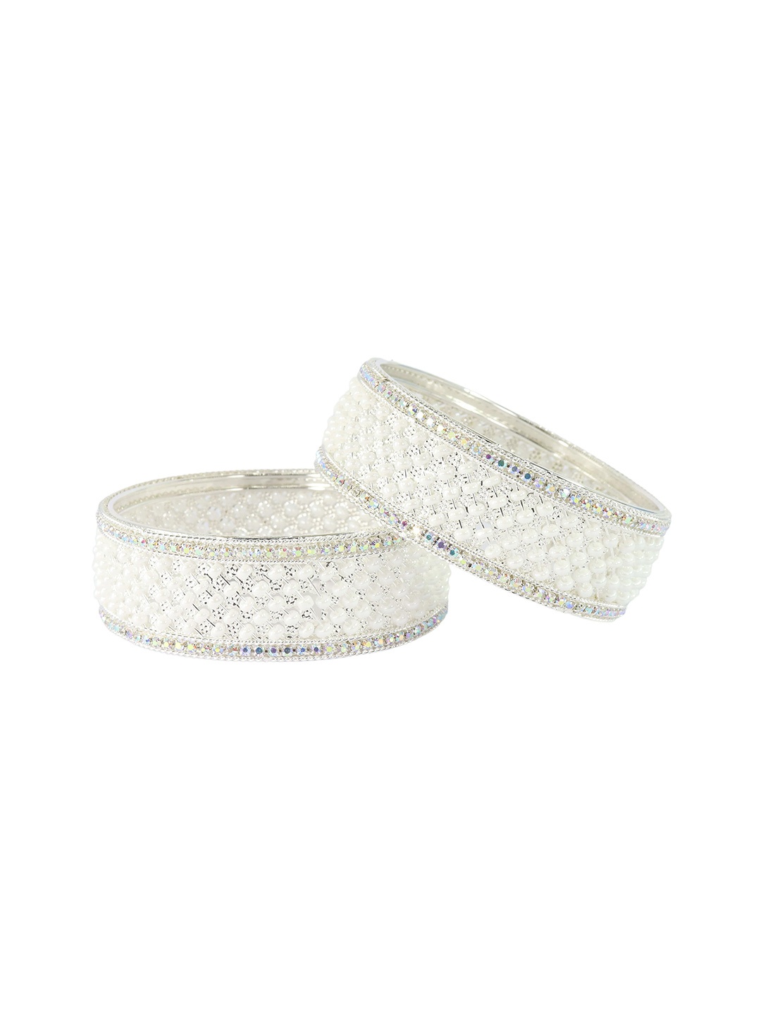 

ZULKA Set of 2 Metal Moti Pearls & Diamond Kada Bangles, Silver