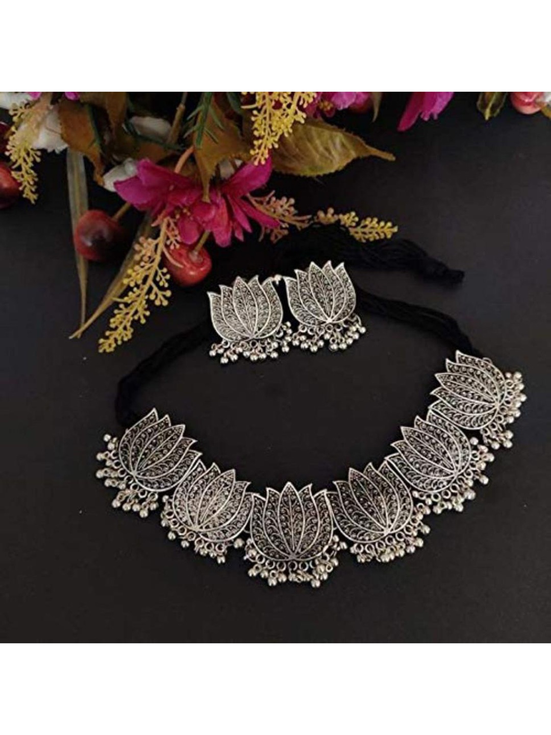

SUNHARI Sliver-Plated Stone-Studded Necklace & Earrings, Silver