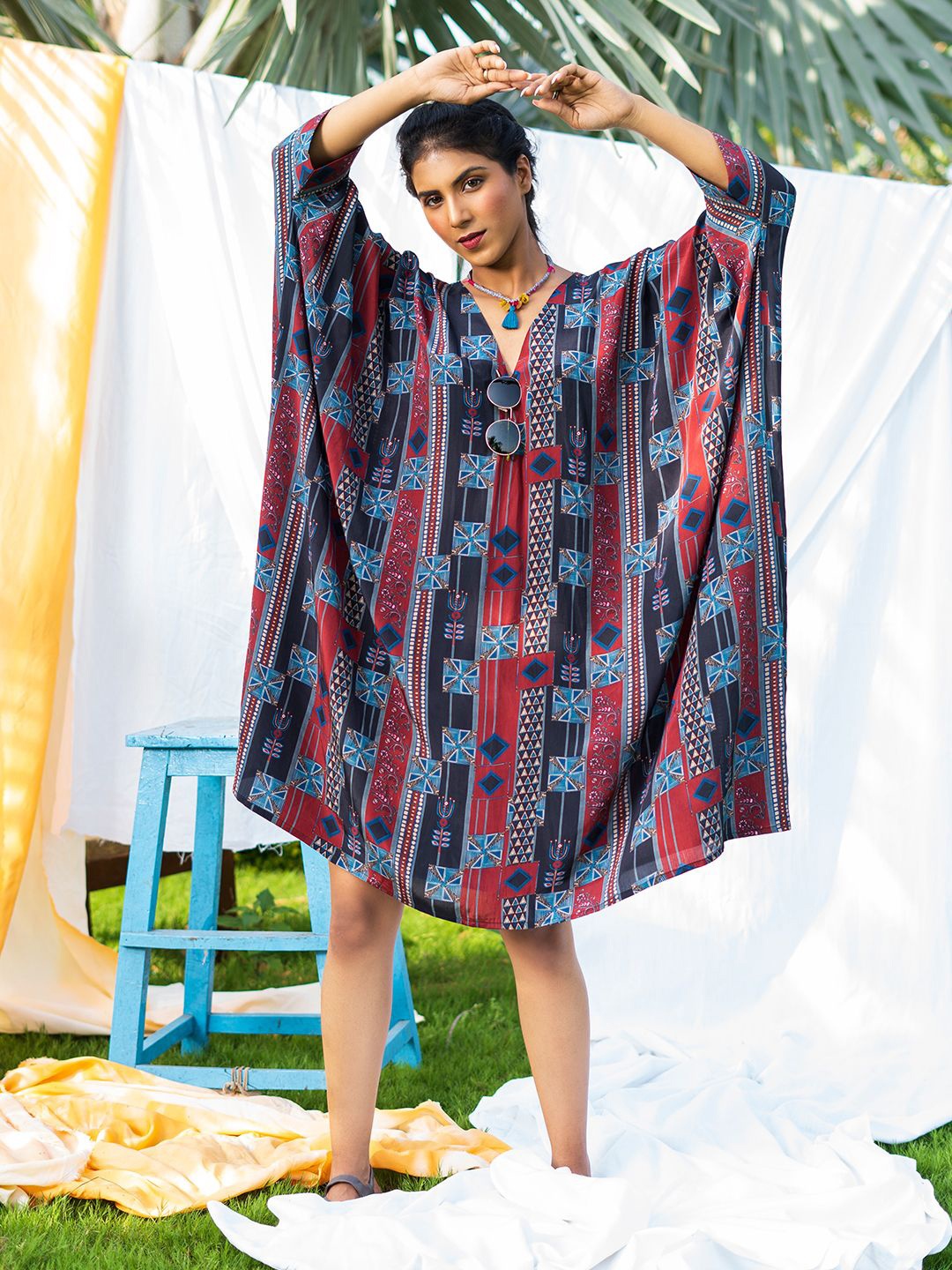 

EARTH O FAB Women V-Neck Ethnic Motifs Printed Kaftan Dress, Red