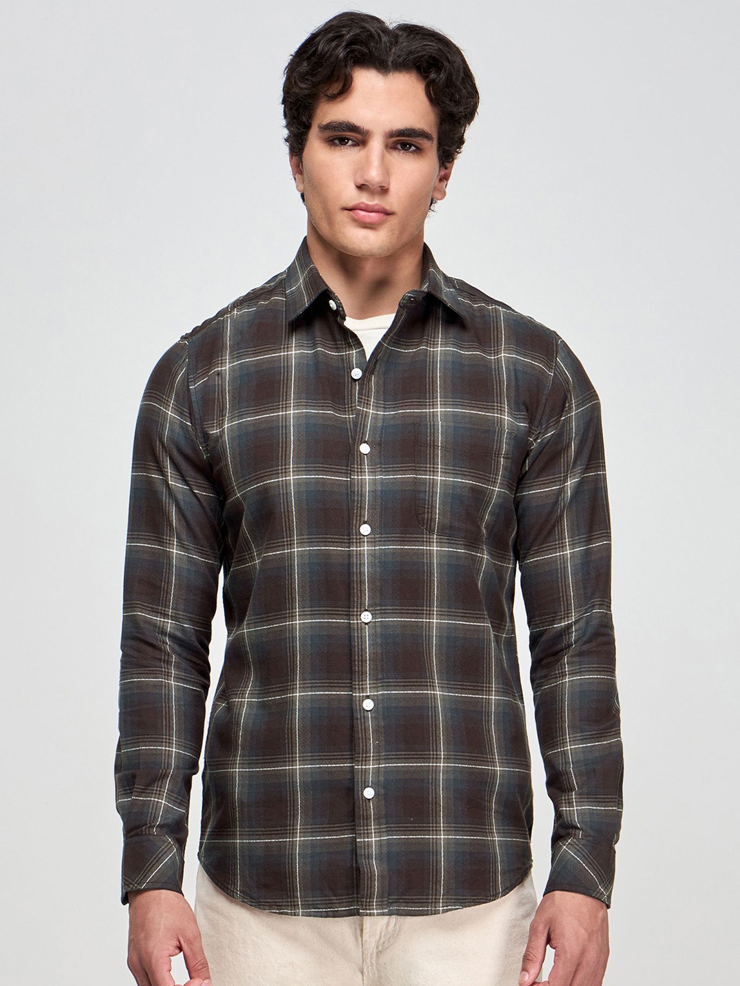 

Red Flame Men Spread Collar Tartan Checked Cotton Casual Shirt, Brown