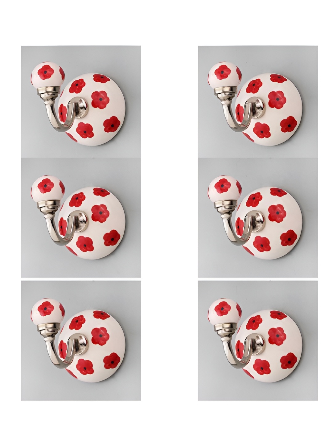 

IndianShelf Red & White 6 Pieces Ceramic Flower Coat Hooks Wall Hanging