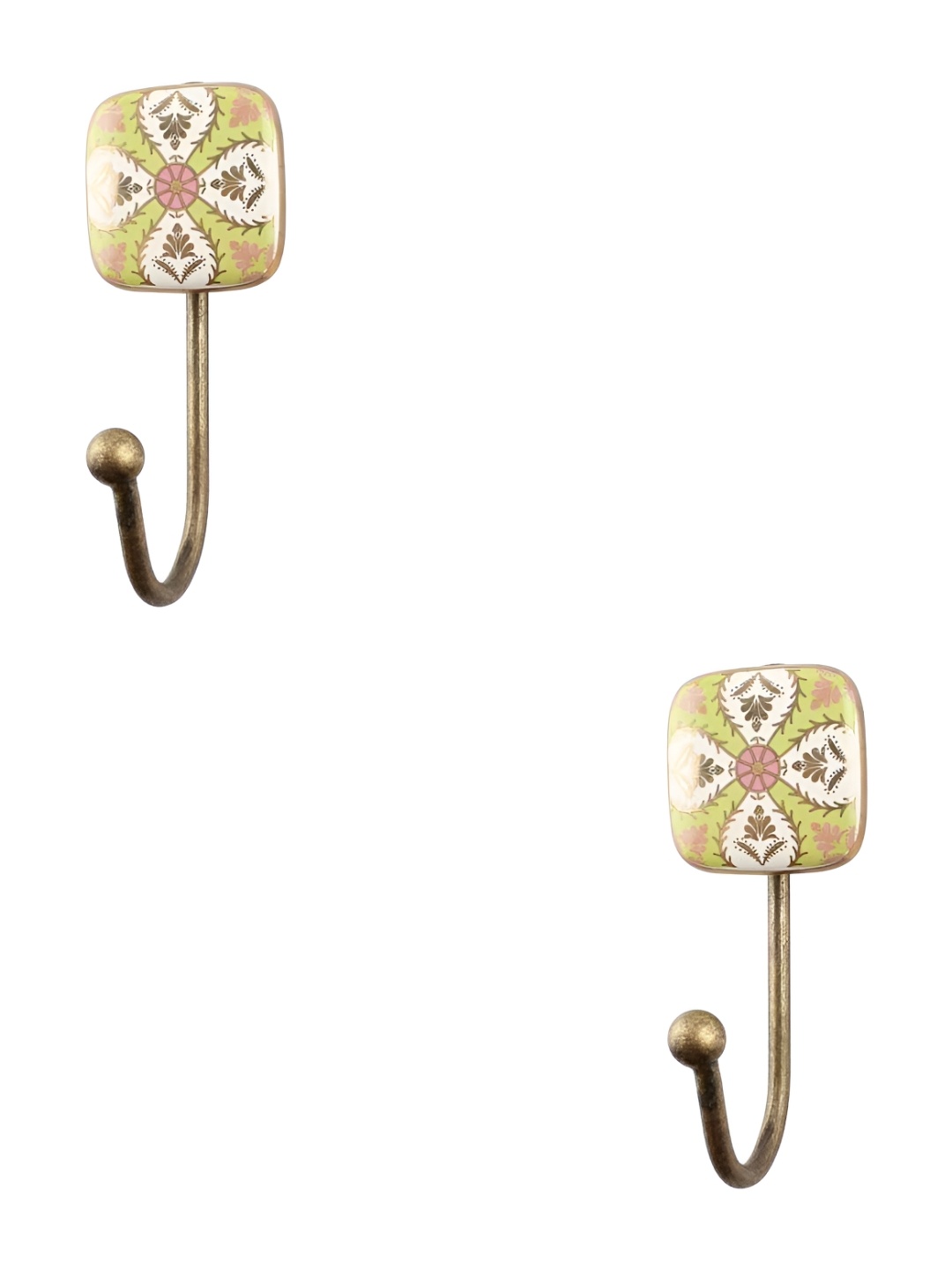 

IndianShelf Lime Green & White 2 Pieces Ceramic Leaf Square Wall Hooks