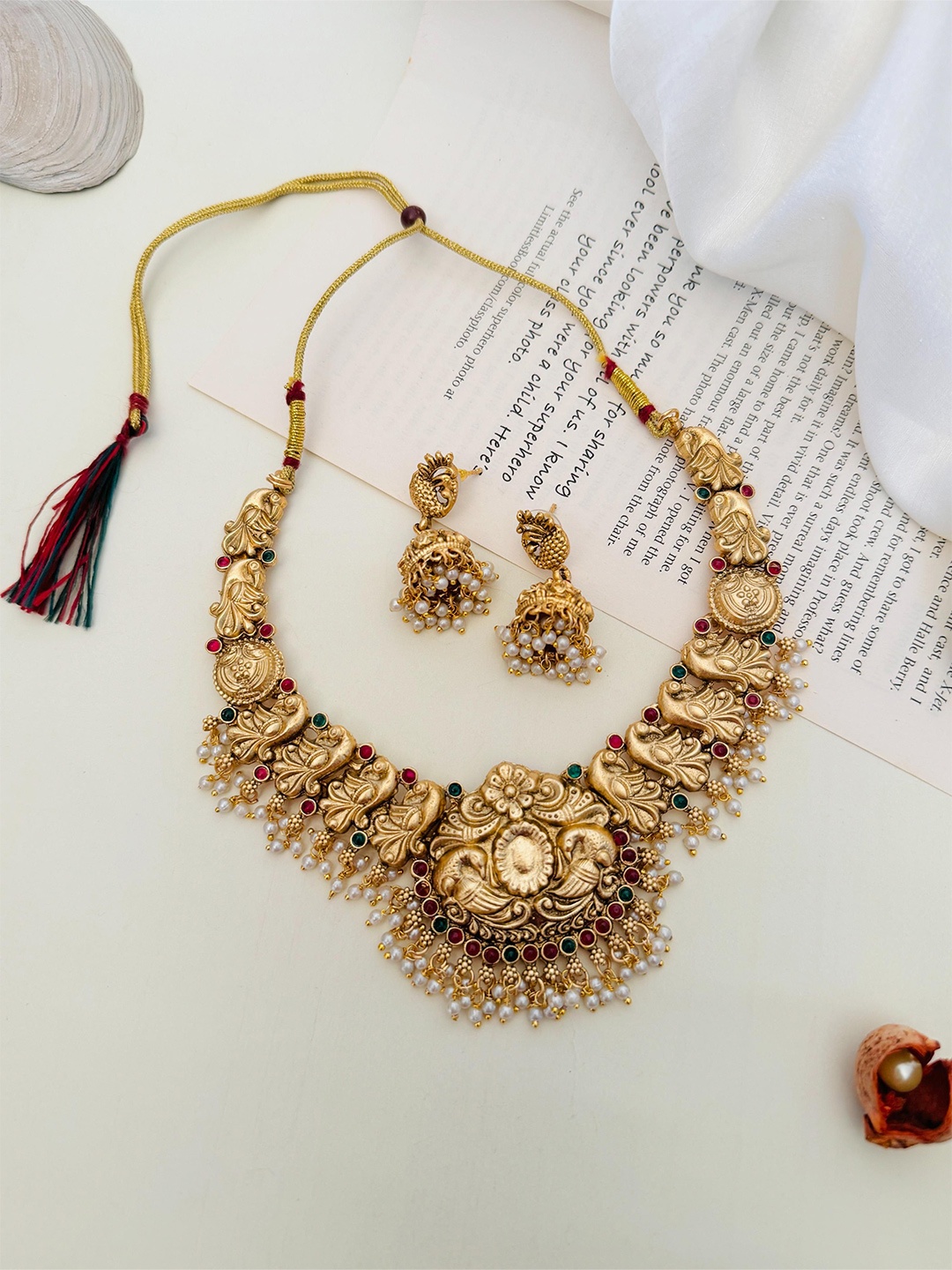 

ABDESIGNS Gold-Plated Stone Studded & Beaded Enchanting Temple Jewellery Set