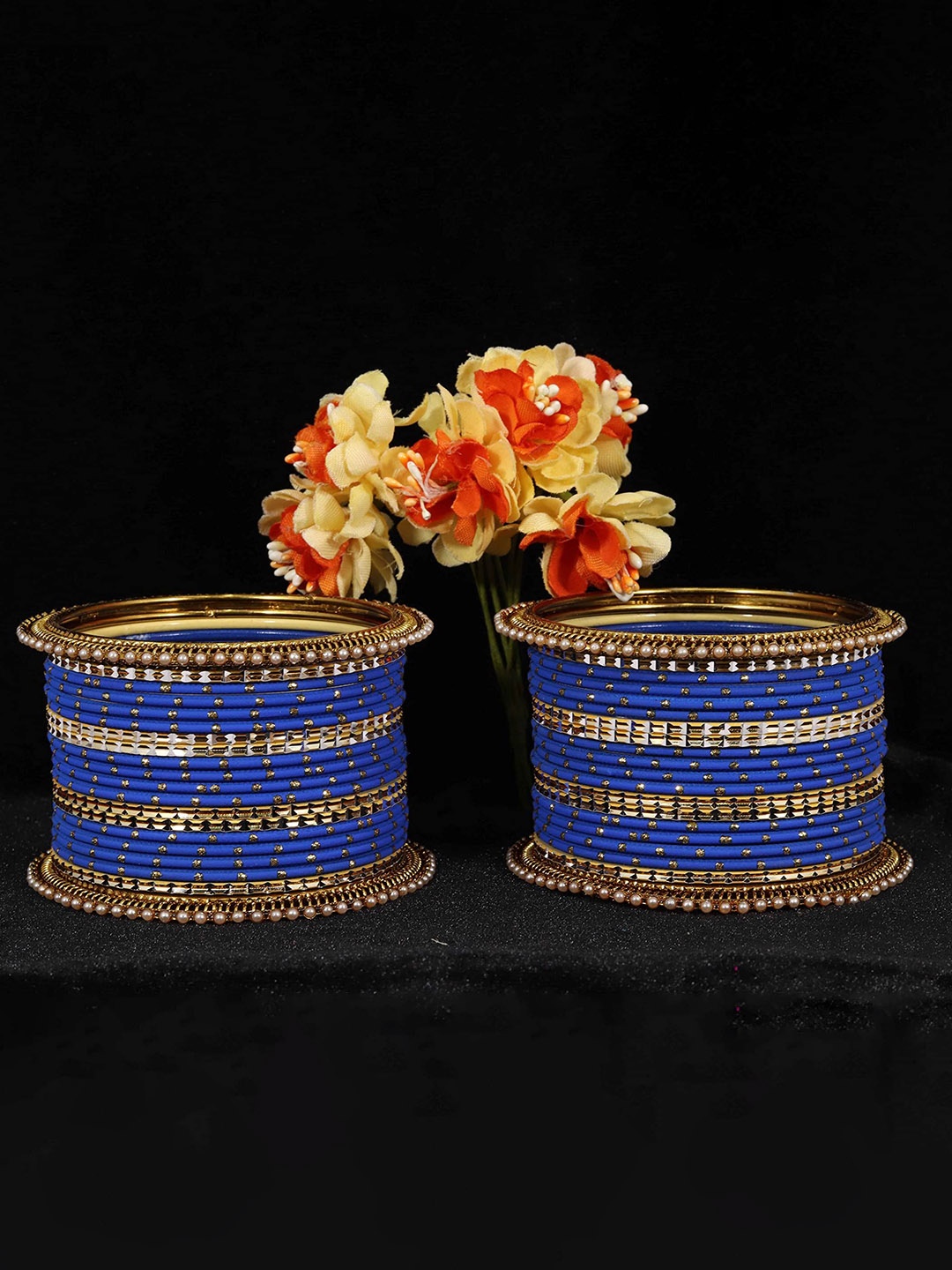 

ZULKA Set Of 40 Zari Dotted and Pearls Metal Bangle, Red