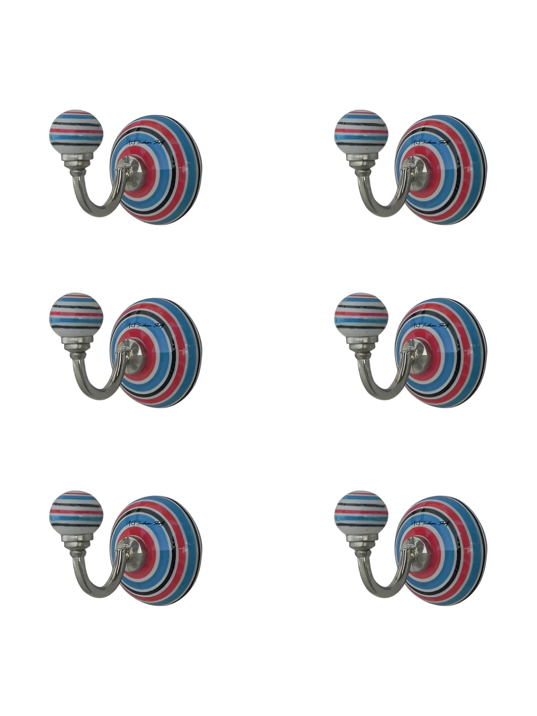 

IndianShelf Blue & Red 6 Pieces Ceramic Stripped Hangers Wall Mounted Coat Hooks
