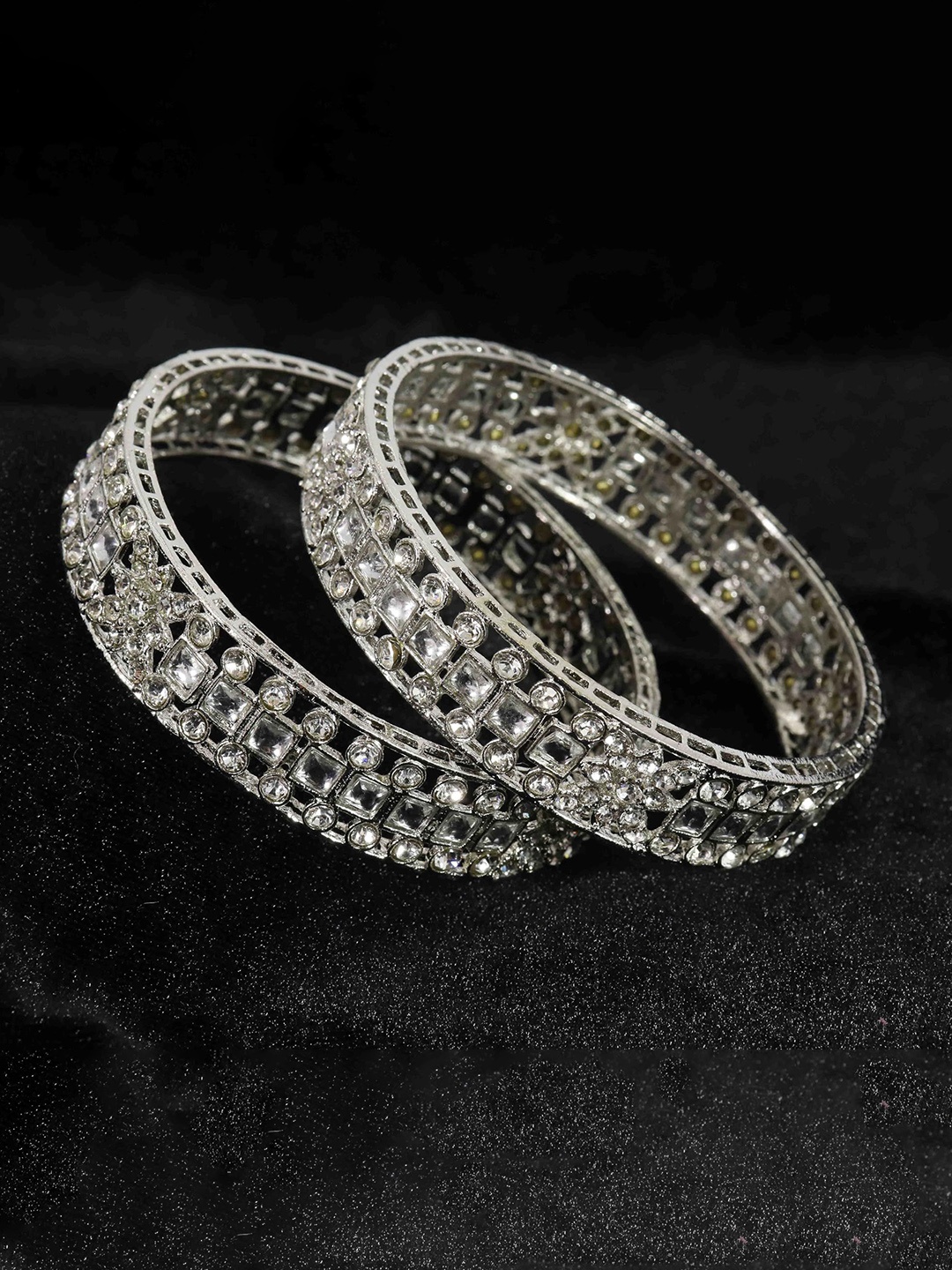 

ZULKA Set of 2 Silver Plated Metal American Diamond Stone Kada Bangles