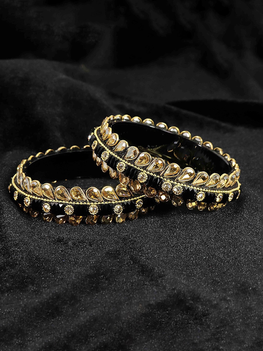 

ZULKA Set of 2 Alloy Base Golden Kundan Bangles, Black