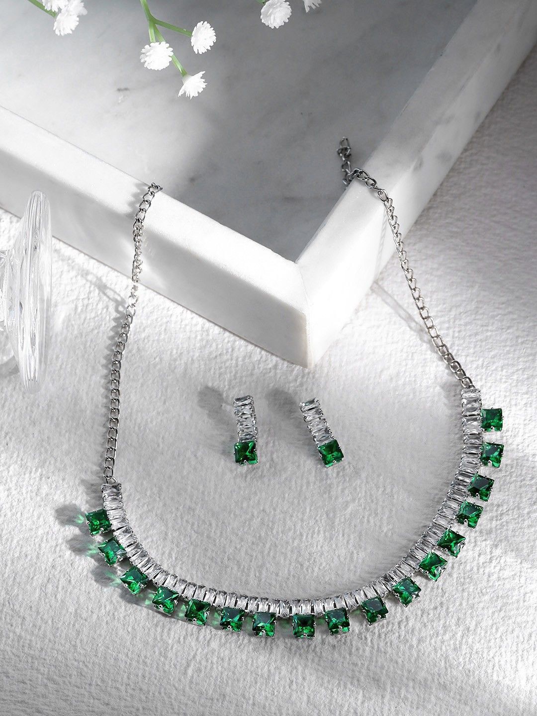 

ORANGENYSHA Rhodium-Plated American Diamond Studded Jewellery Set, Silver
