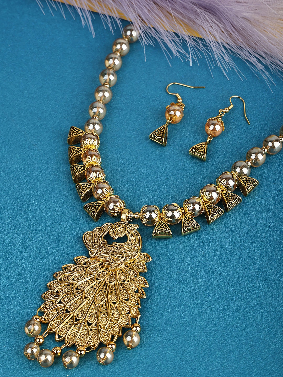 

SUNHARI Beaded Peacock Design Jewellery Set, Gold