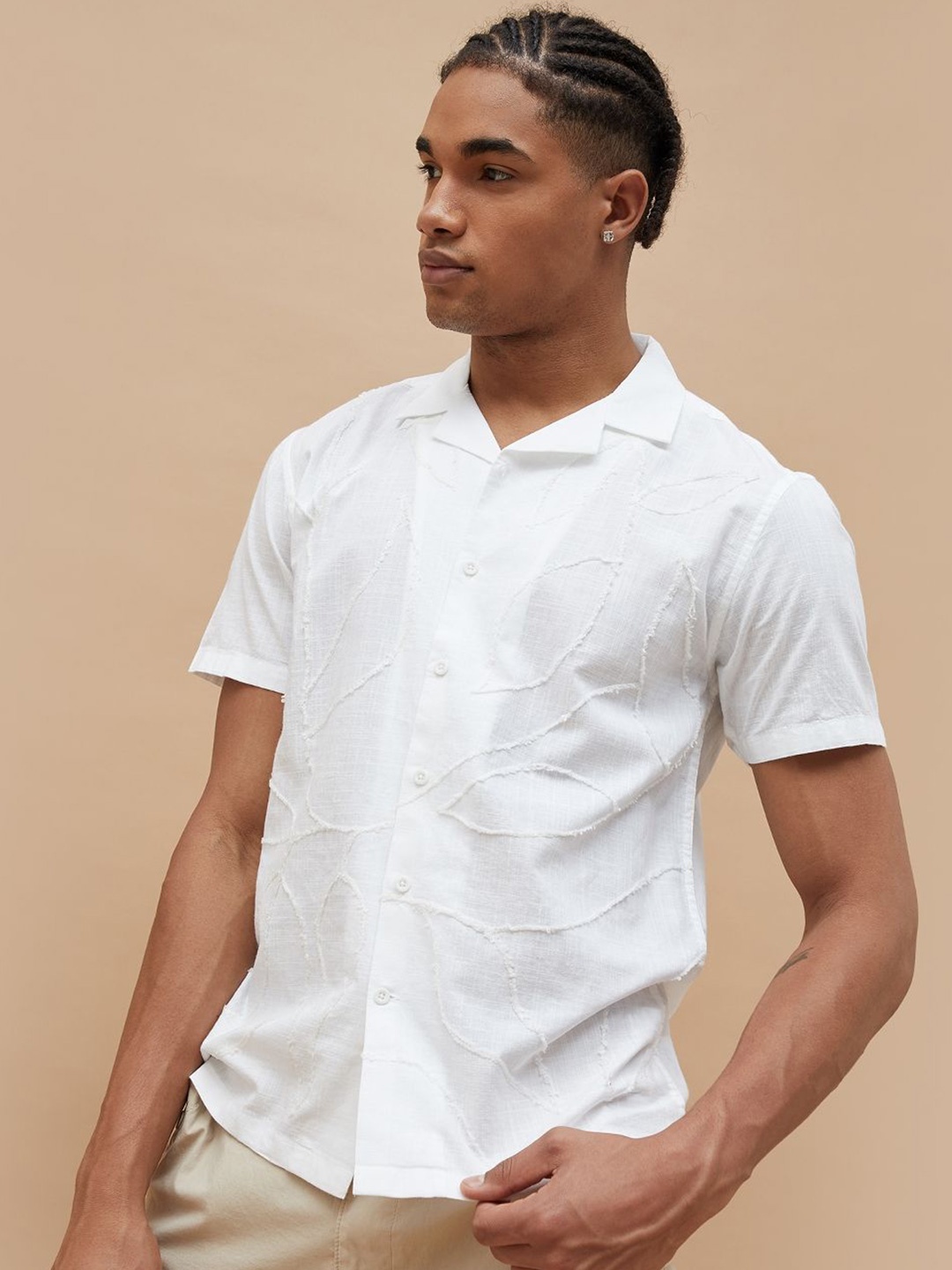 

Forca Men Cuban Collar Textured Cotton Casual Shirt, White