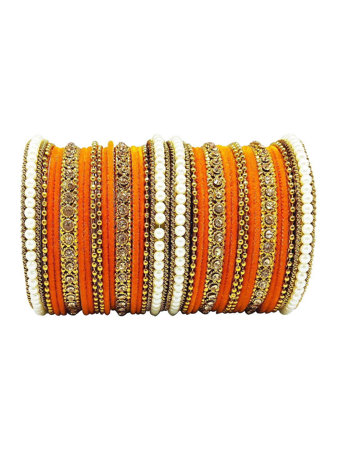

CHRISHAN Set Of 32 Stones Studded & Beaded Fabric Bangles, Orange