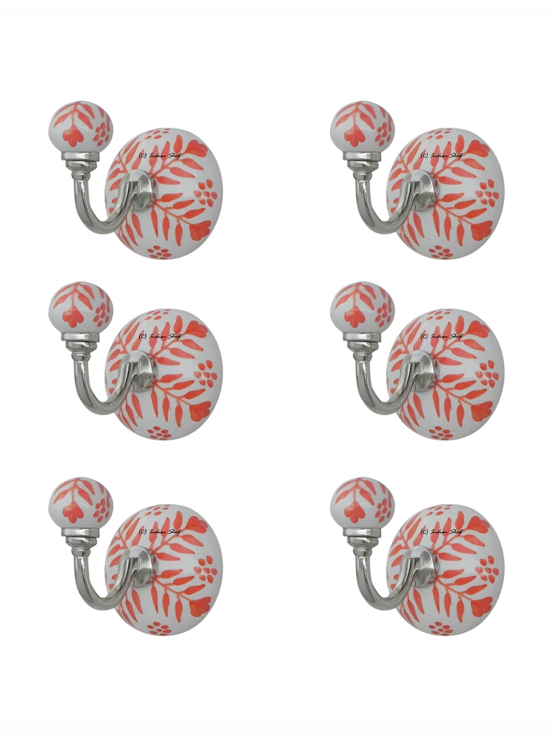 

IndianShelf Orange Coloured 6 Pieces Ceramic Leaf Wall Hooks Door Hangers for Clothes