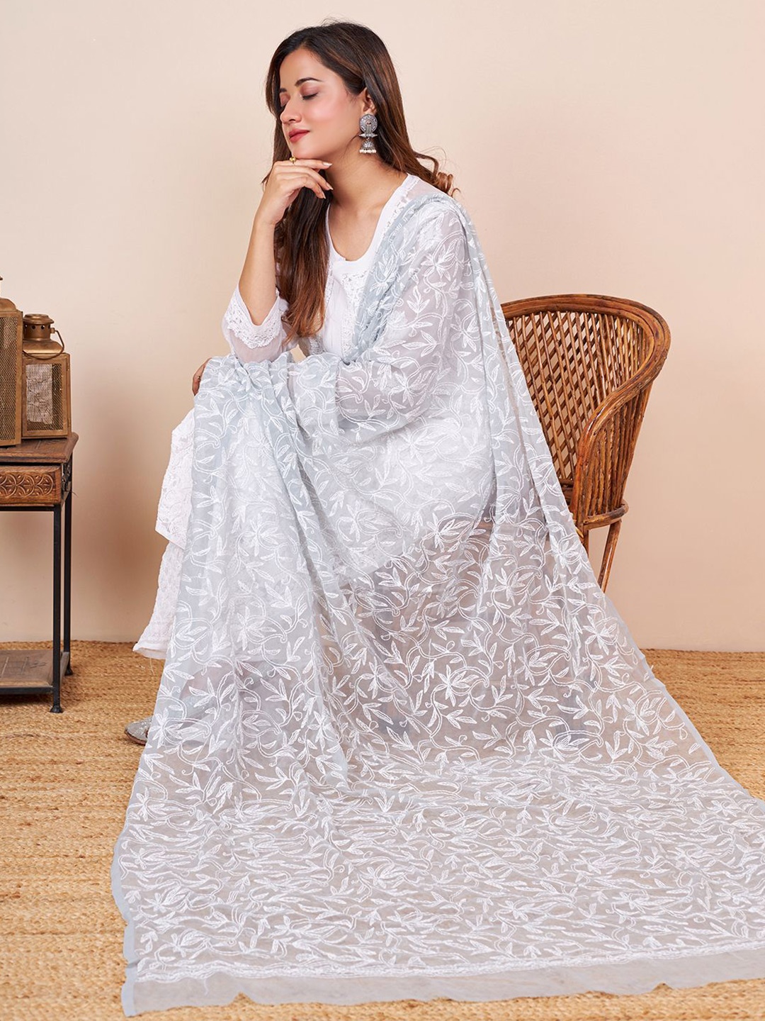 

The Chikan Label Chikankari Embroidered Dupatta, Grey