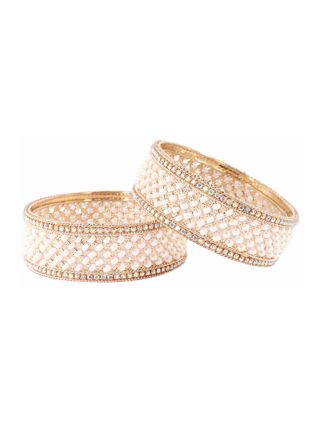 

ZULKASet of 2 Premium Metal White Moti Pearls & Diamond Kada Bangles, Gold