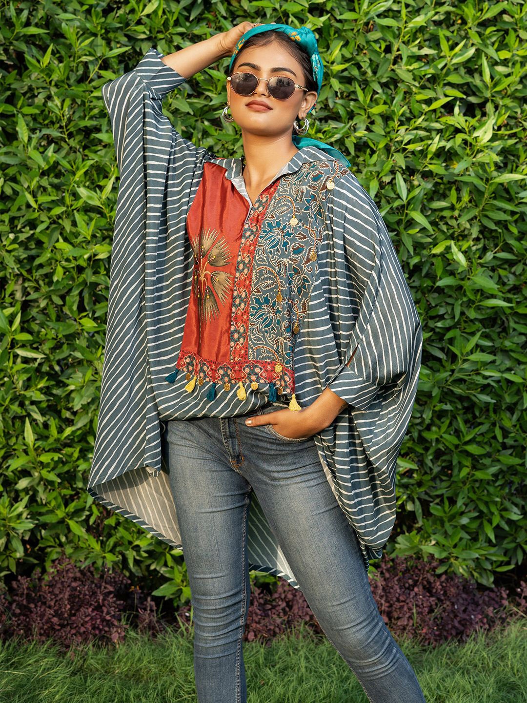 

EARTH O FAB Women Striped Printed Kaftan Top, Grey