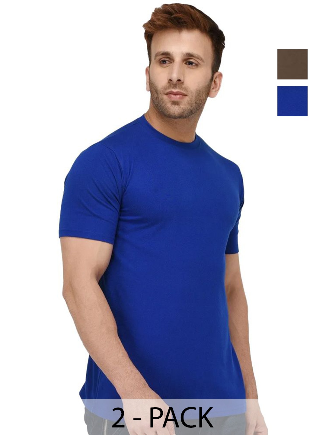 

VIXENLY Men Pack Of 2 Solid Round Neck Cotton T-shirts, Blue