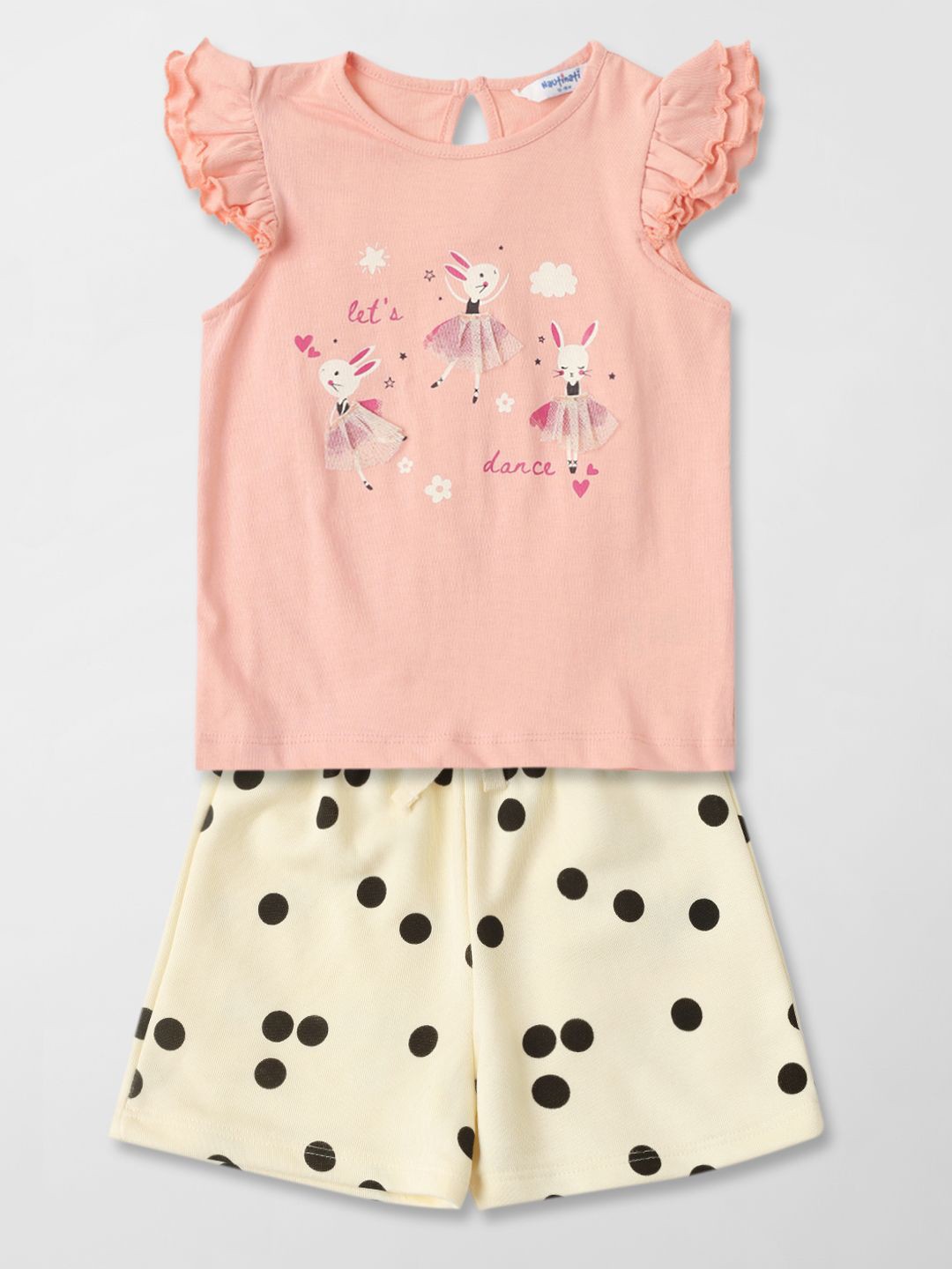 

Nauti Nati Girls Printed Round Neck Short Sleeves Pure Cotton Top With Shorts, Peach