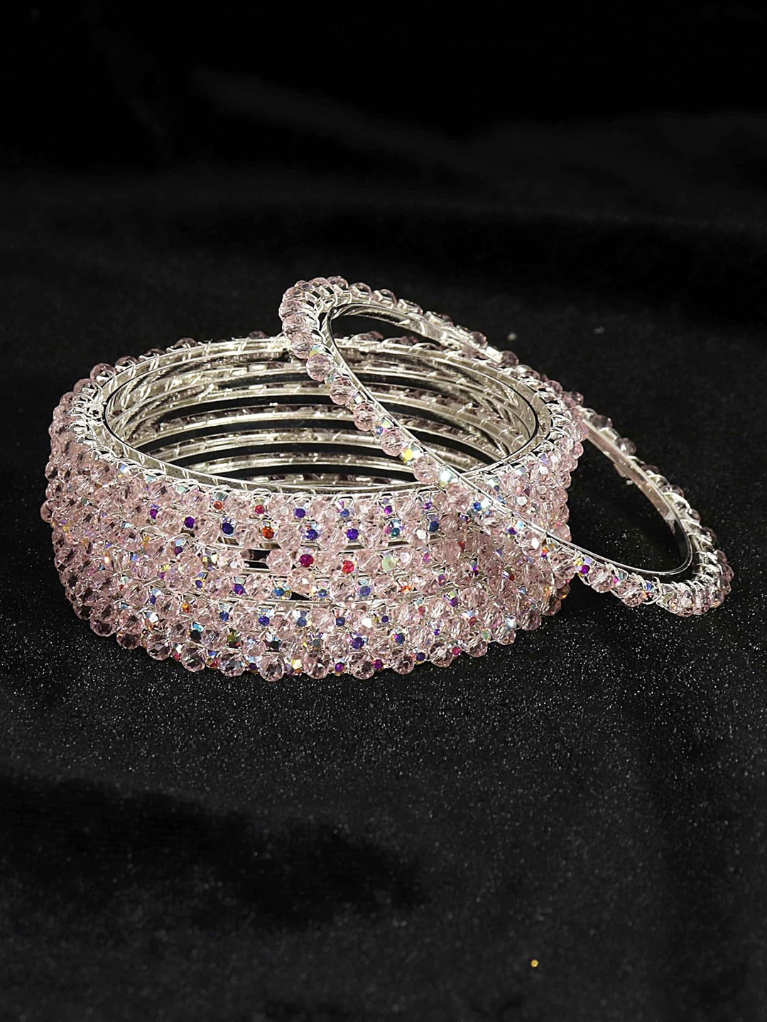 

ZULKA Set of 8 Silver Plated Zircon Gemstone Studded & Pearls Beaded Bangles, Pink