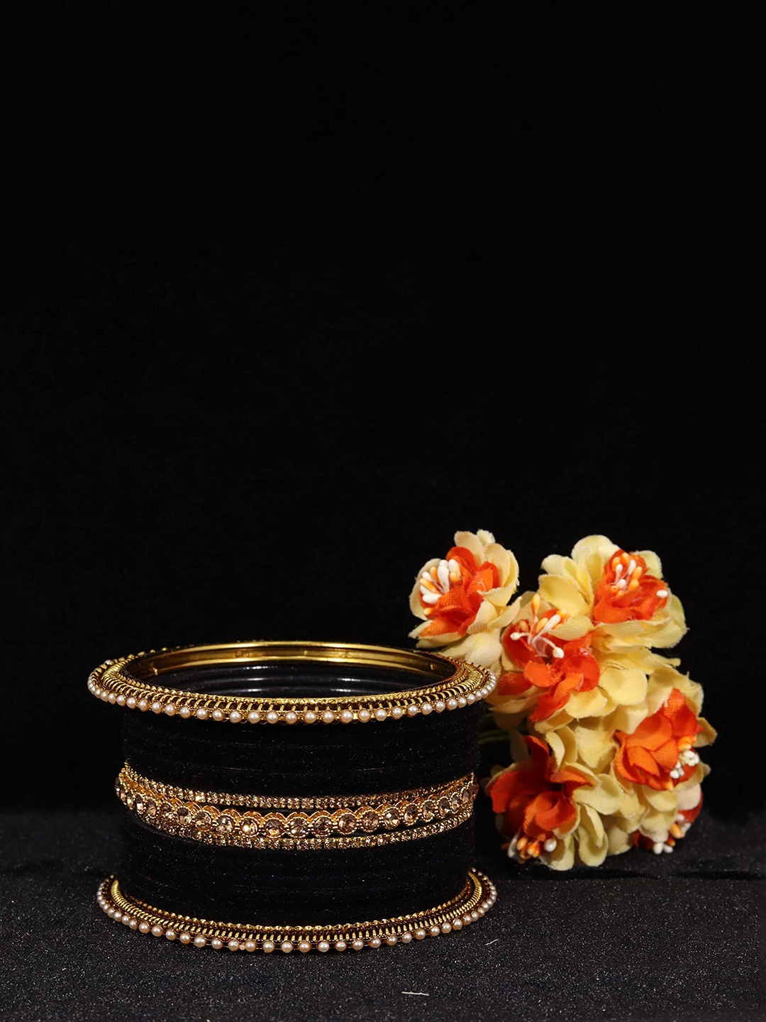 

ZULKA Set Of 34 Gold-Plated Zircon Studded Bangles, Black