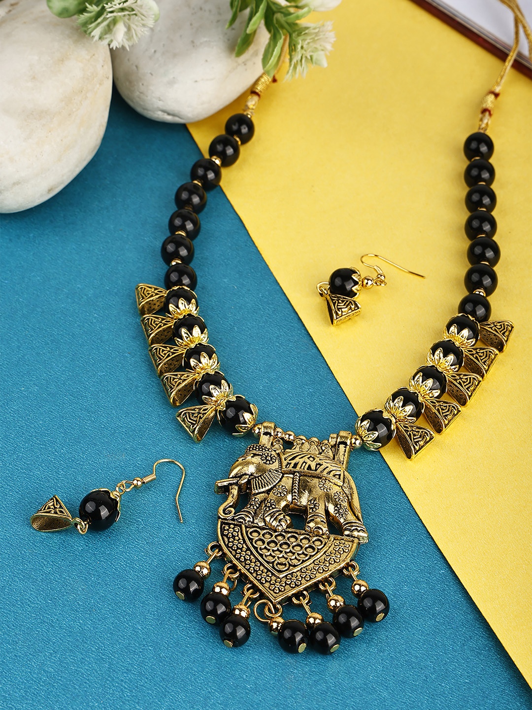 

SUNHARI Gold-Plated Beaded Oxidised Jewellery Set, Black