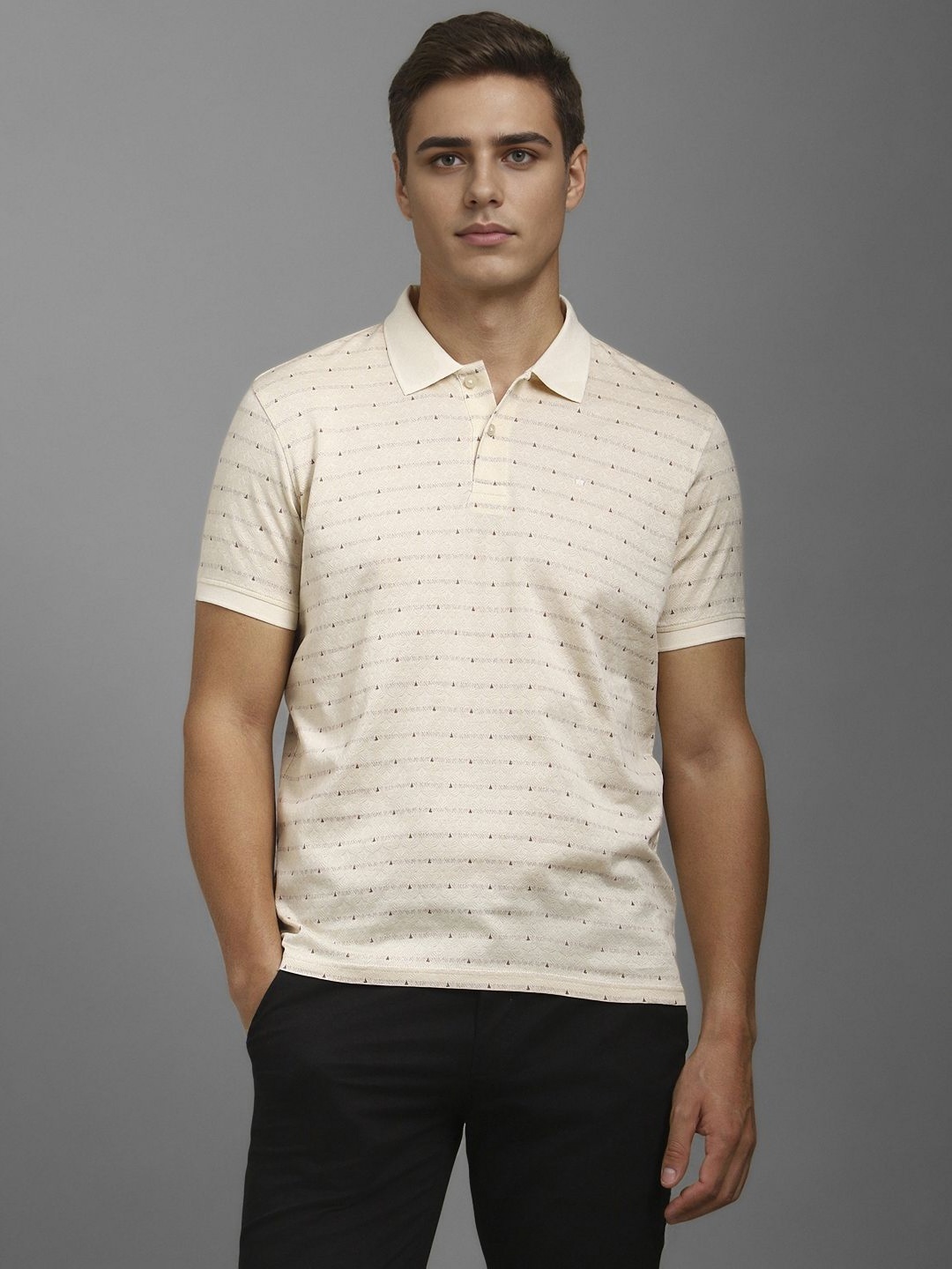 

Louis Philippe Men Striped Polo Collar Cotton T-shirt, Beige