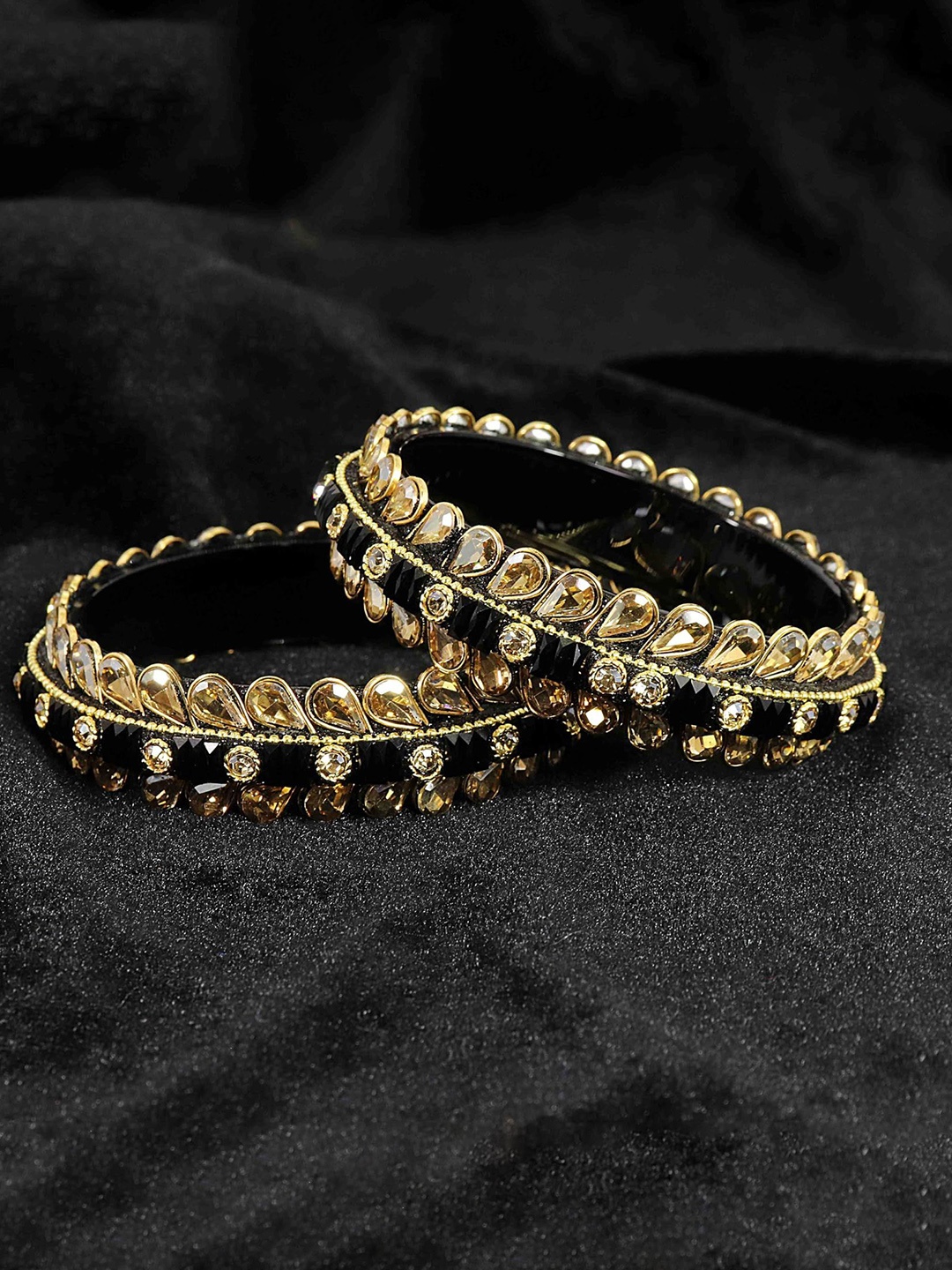 

ZULKA Set of 2 Glass Golden Kundan & Zircon Stone Bangles, Black