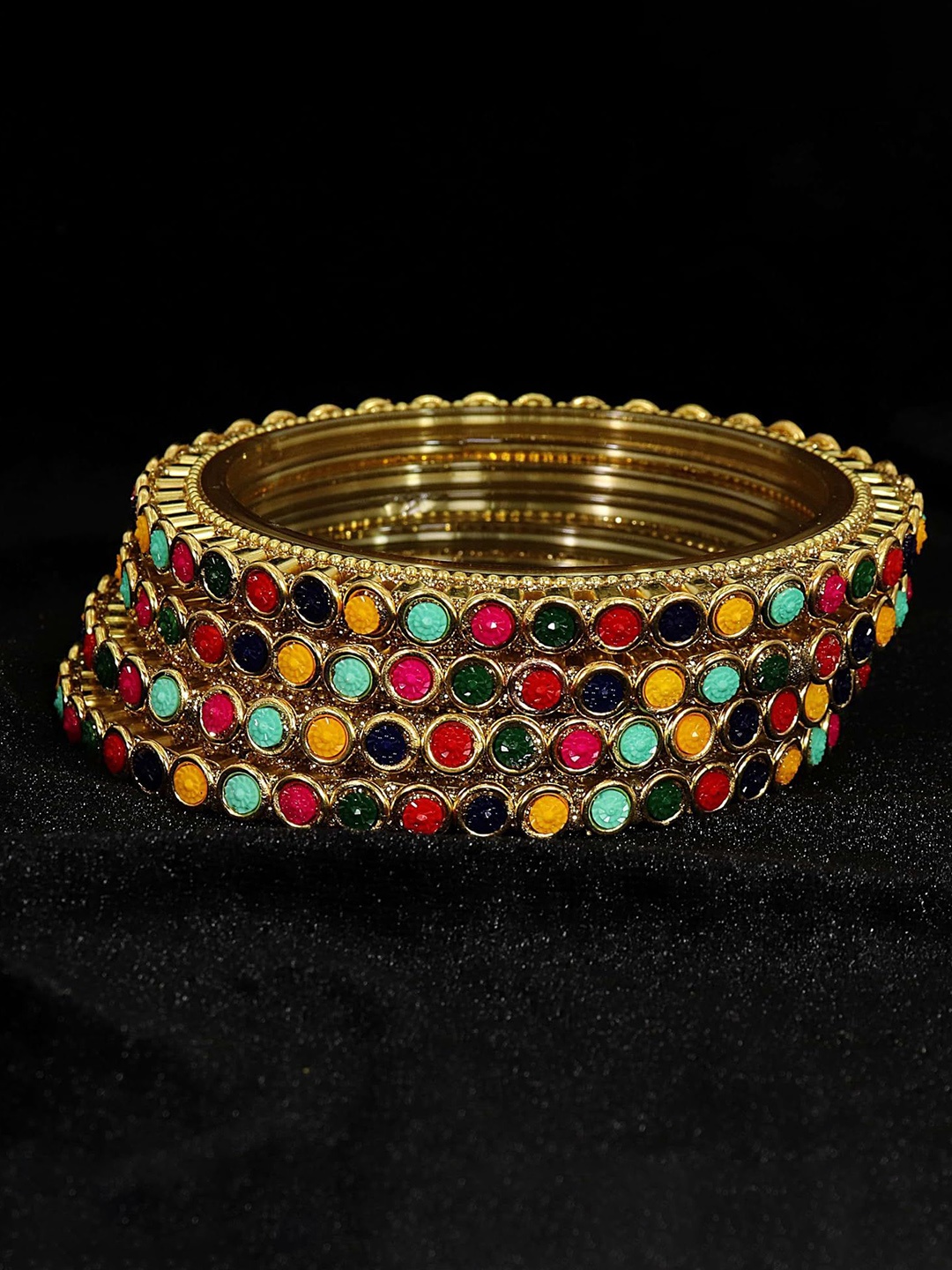 

ZULKA Set of 4 Glass Golden Zircon Stones & Beads Work Bangles, Gold