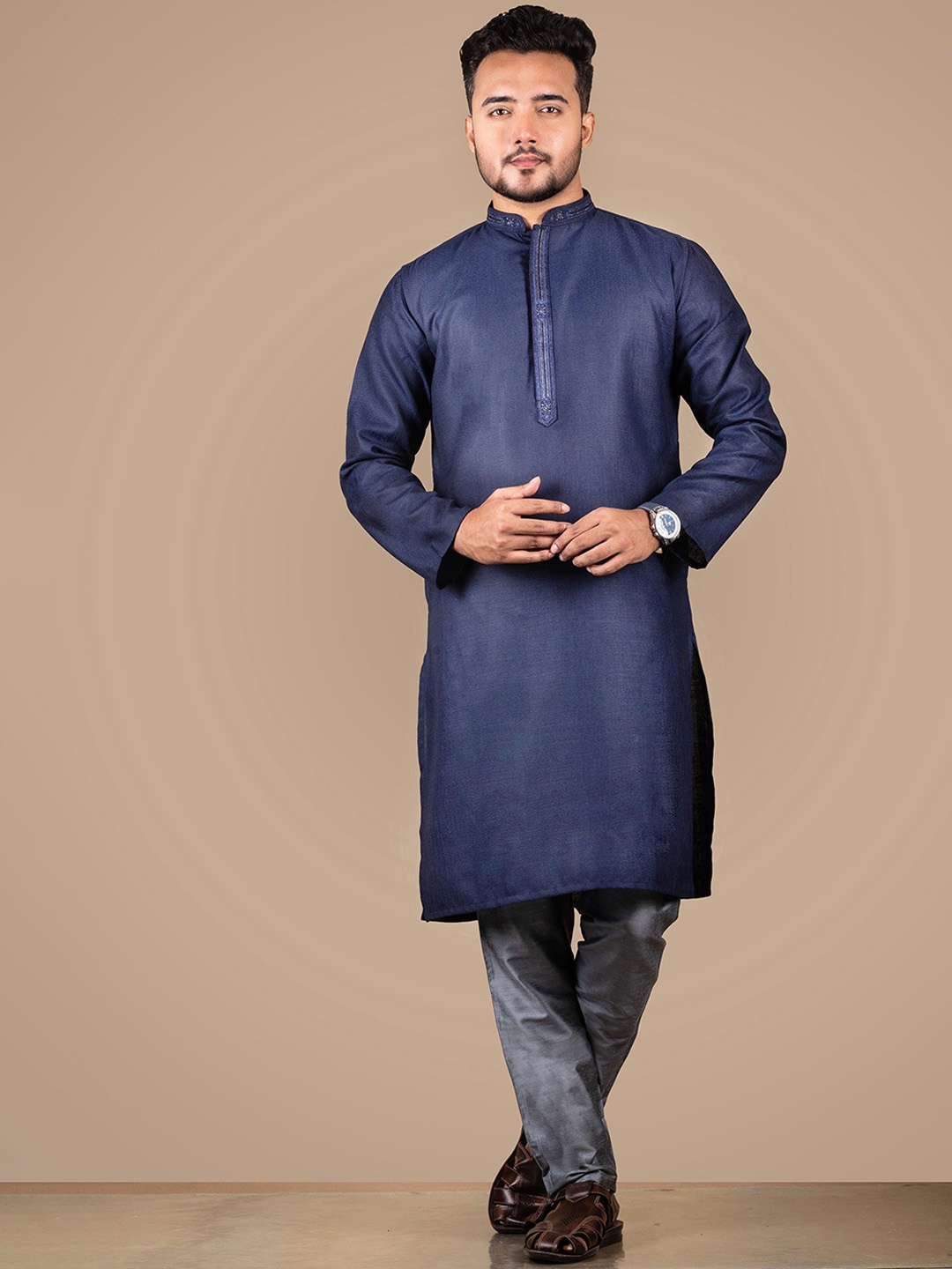 

HERE&NOW Men Regular Kurta with Pyjamas, Navy blue