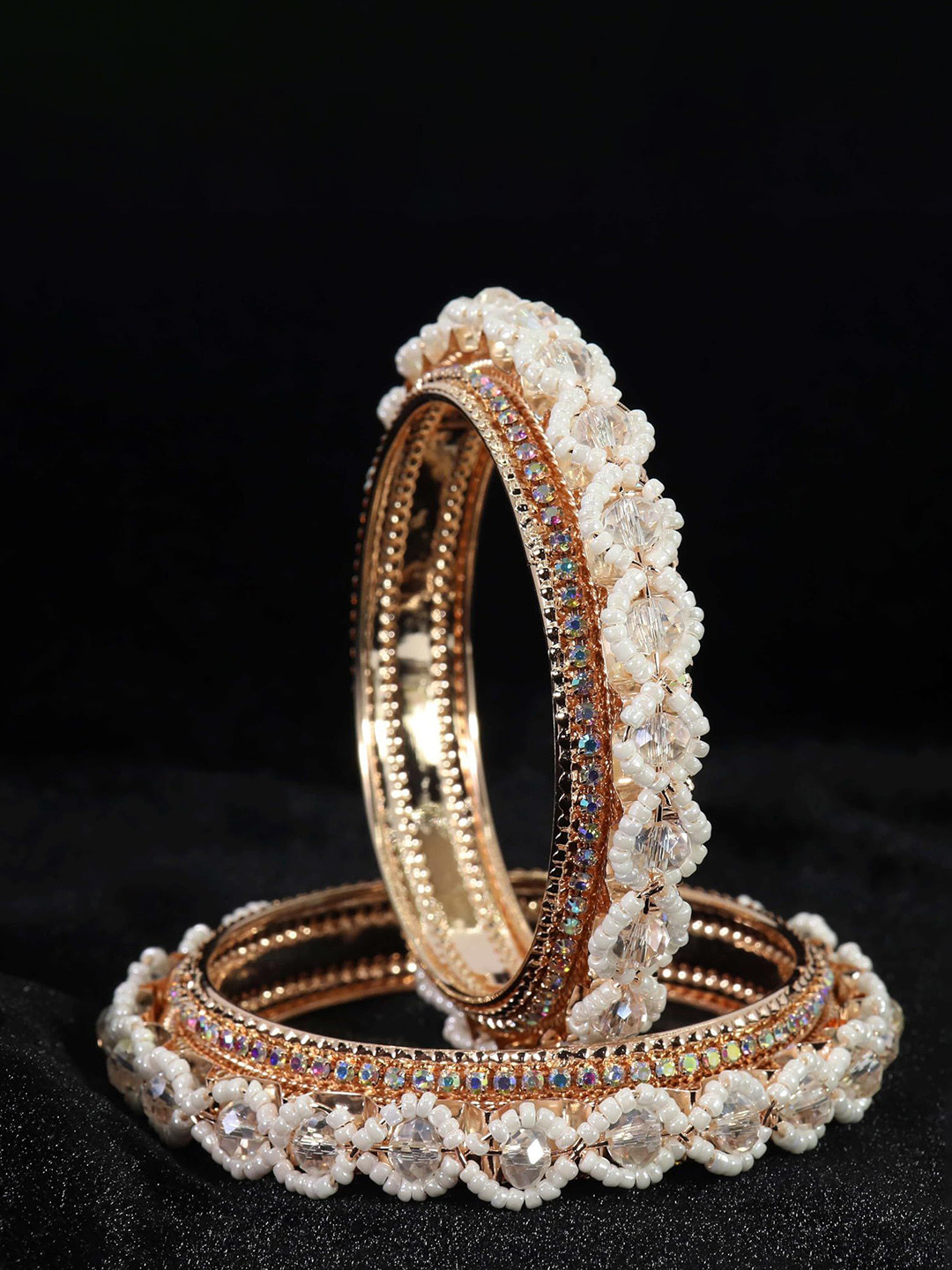 

ZULKA Set of 2 Rose Gold Plated Premium Metal Beaded & American Diamond Studded Bangles