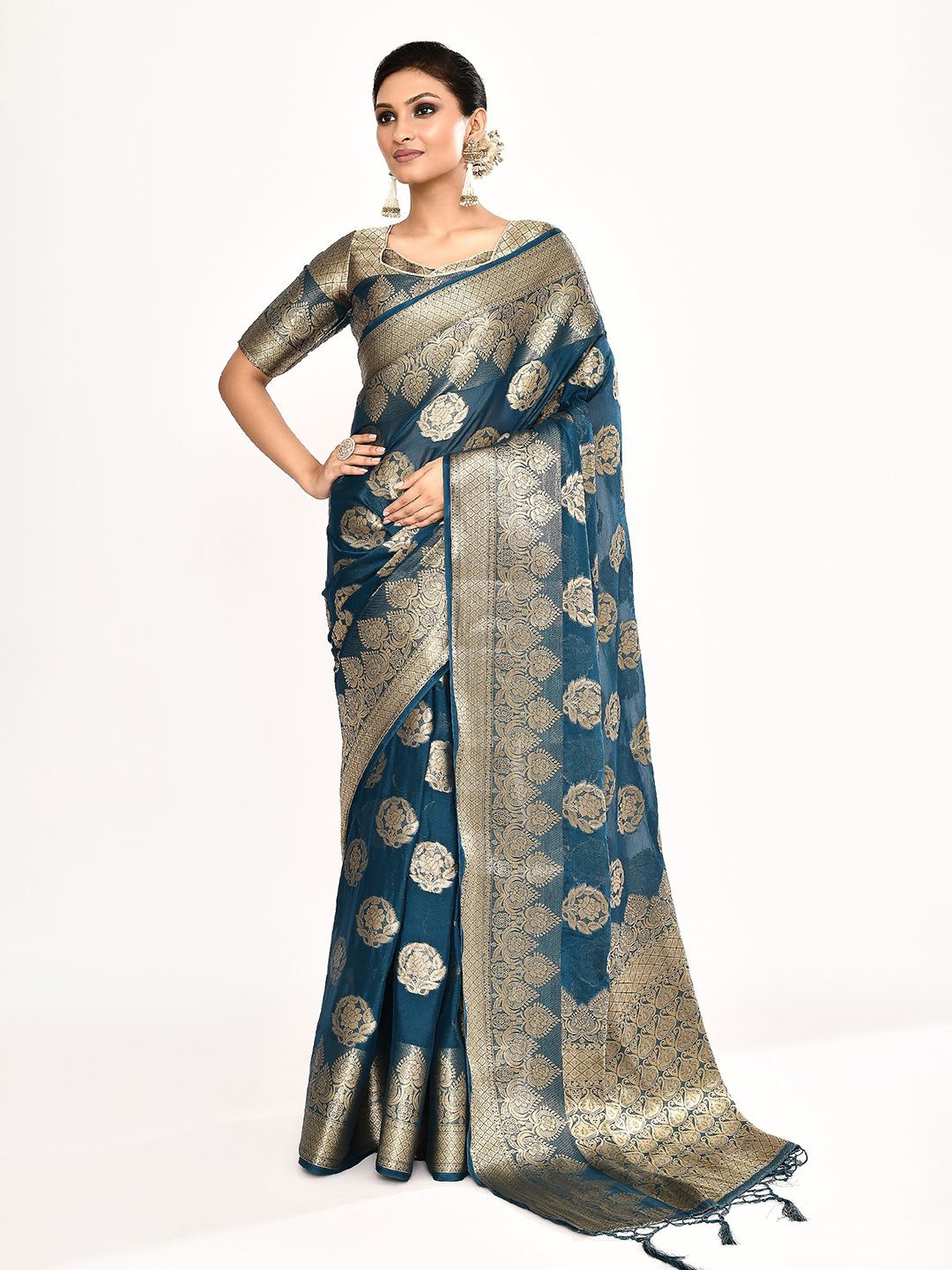 

Samyukta Singhania Ethnic Motifs Woven Design Zari Bagh Saree, Blue