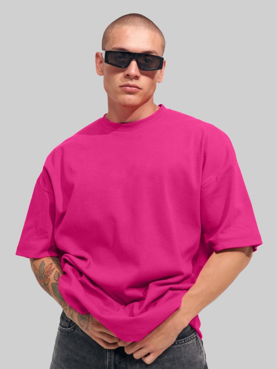 

Leotude Men Solid Round Neck Cotton Oversized T-shirt, Pink