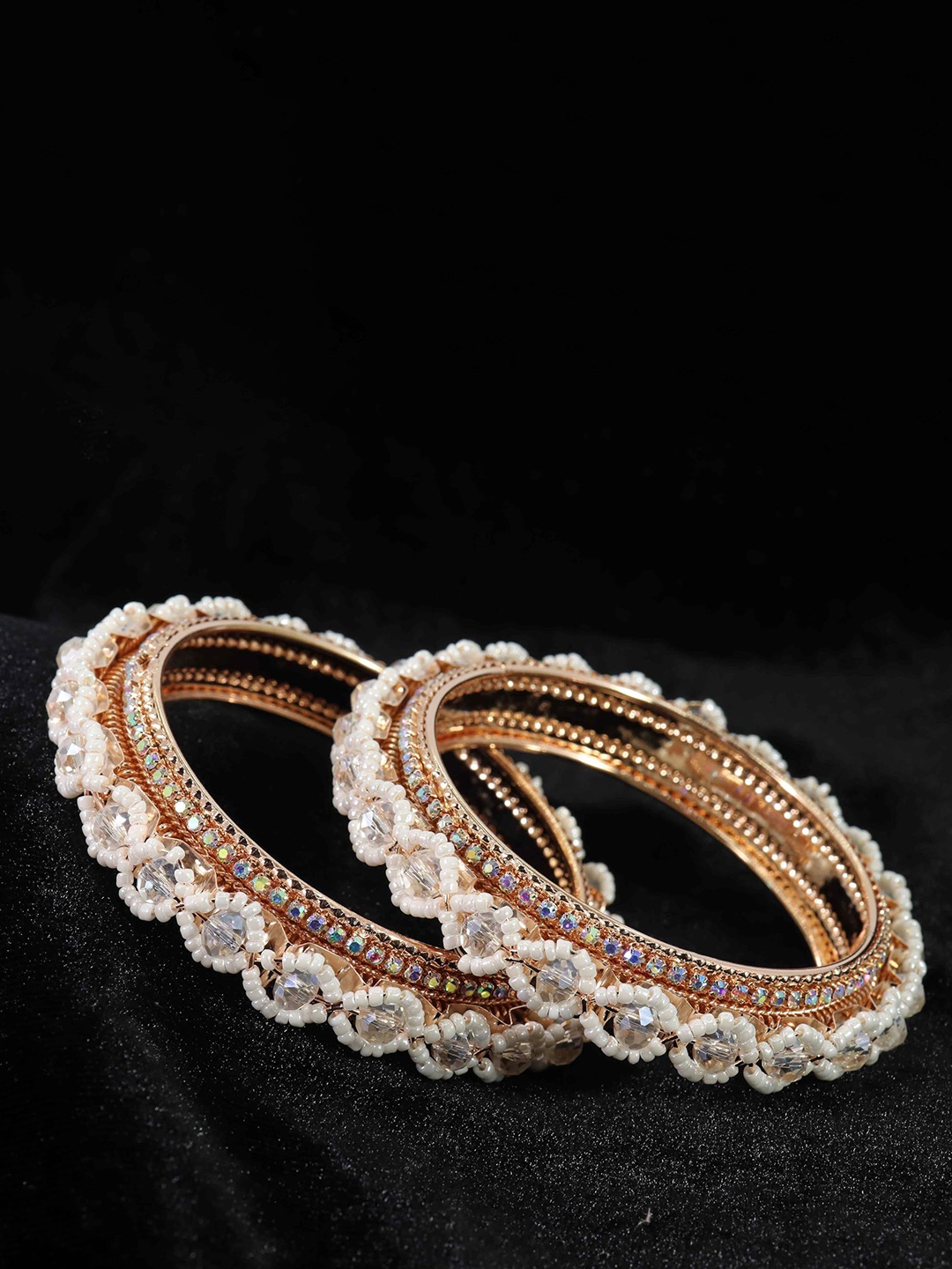 

ZULKA Set of 2 Metal White Pearls Moti & American Diamond Bangles, Rose gold