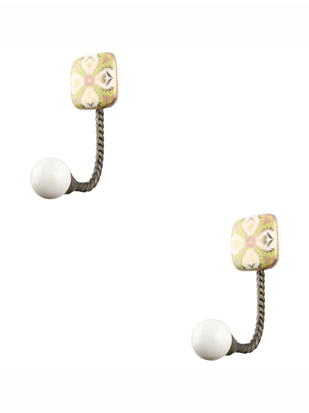 

IndianShelf Lime Green & White 2 Pieces Ceramic Leaf Flower Square Wall Hooks