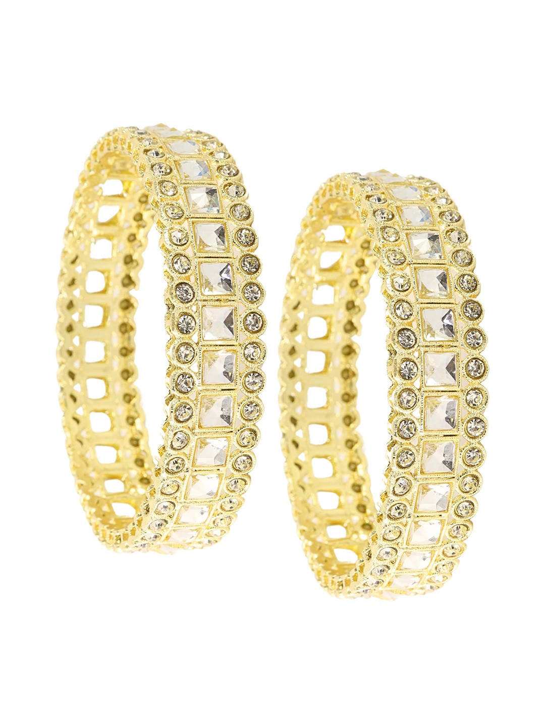 

ZULKASet of 2 Golden Metal Zircon Diamond & Kundan Bangles, Gold
