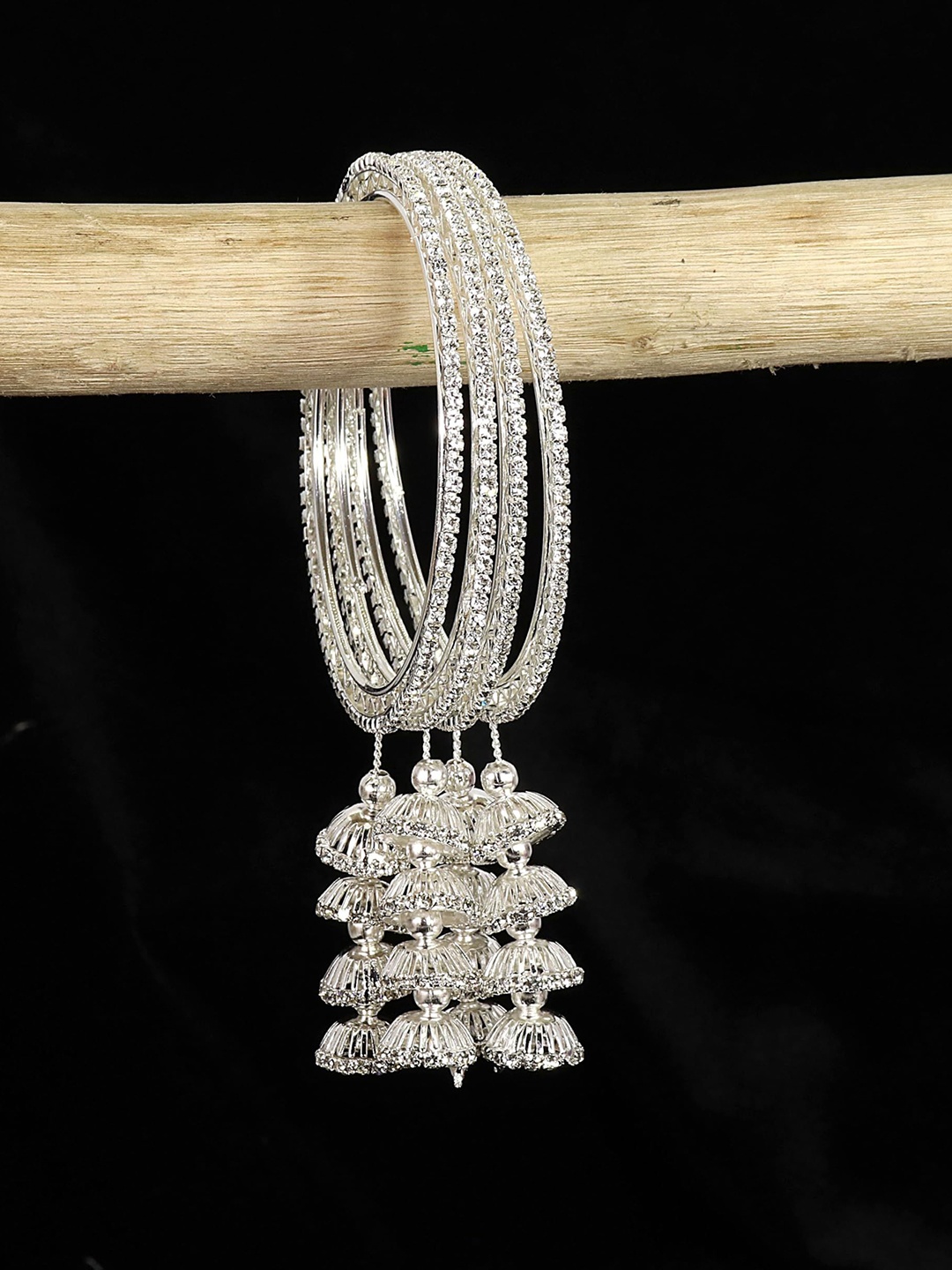 

ZULKA Set of 4 Designer Metal with Zircon Diamond Stone Latkan Bangles, Silver