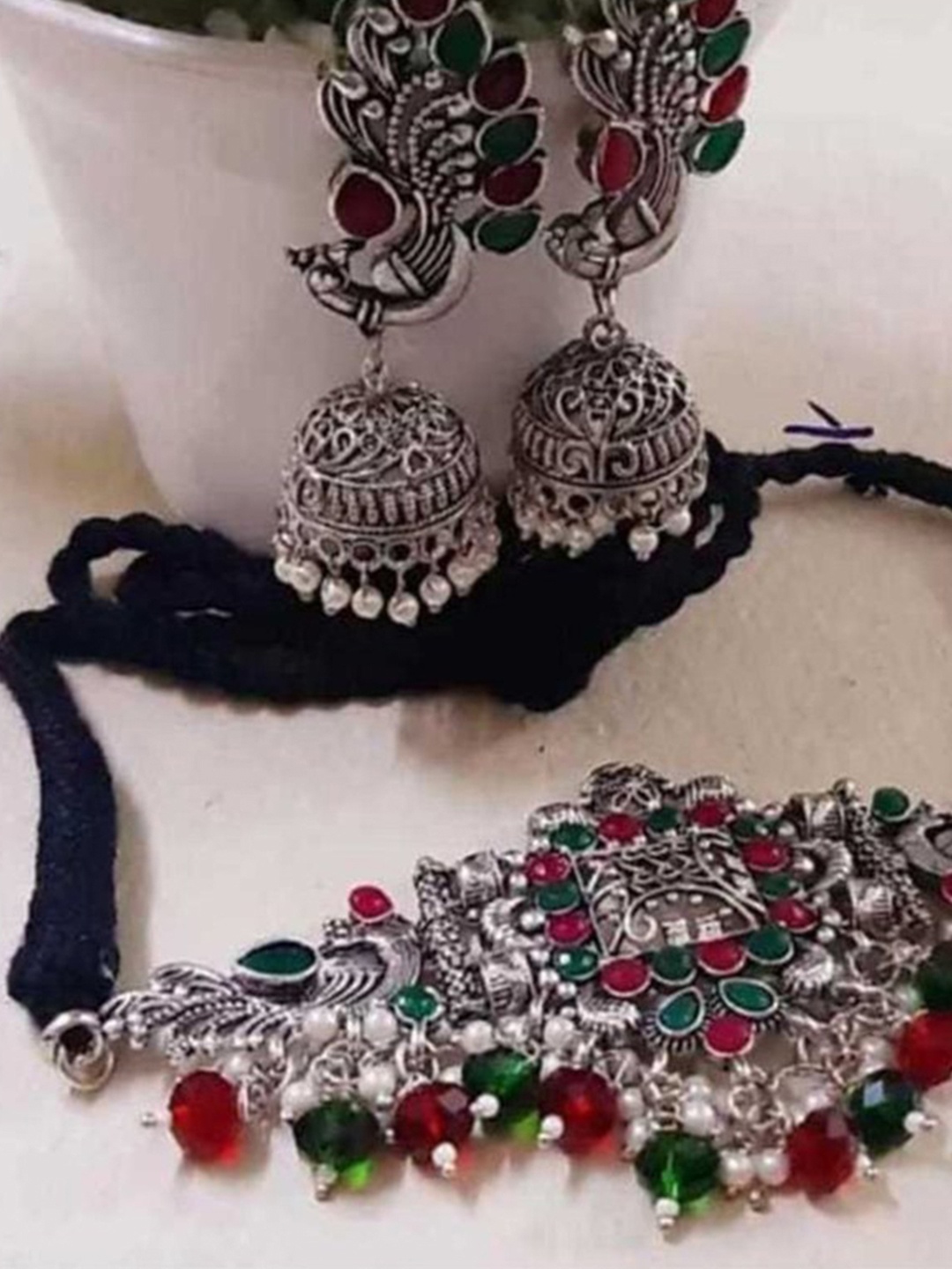 

SUNHARI Silver-Plated Stone Studded & Beaded Jewellery Set