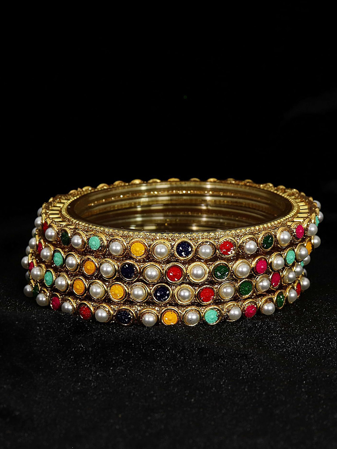 

ZULKA Set of 4 Golden Zircon Stone & Bead Work Glass Bangles, Gold