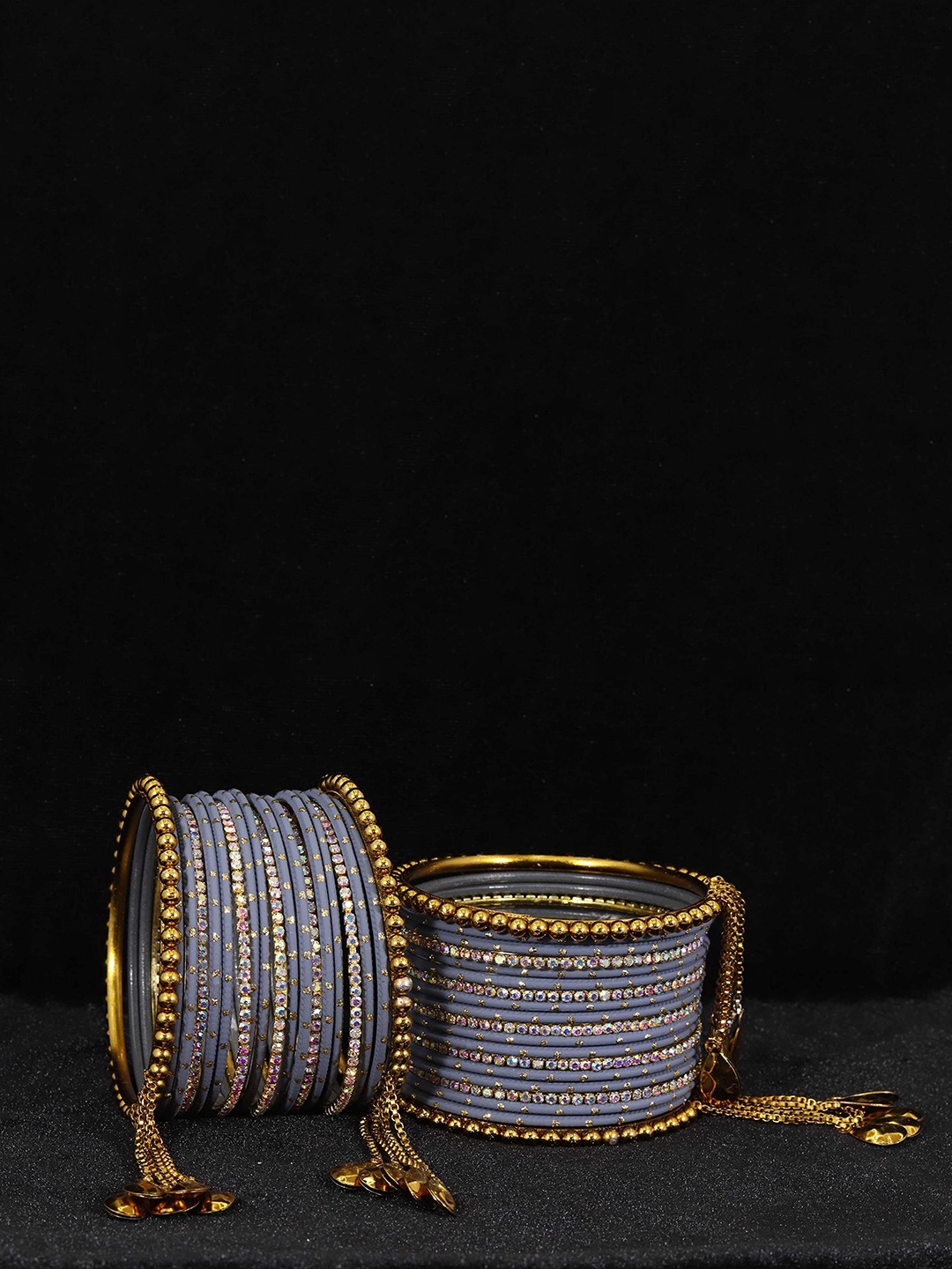 

Set of 38 Non-Precious Metal with Base Metal Zari Dotted and Rainbow Zircon Gemstone bangles, Green