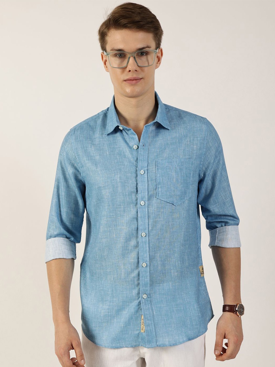 

Thomas Scott Men Premium Fit Spread Collar Solid Casual Shirt, Blue