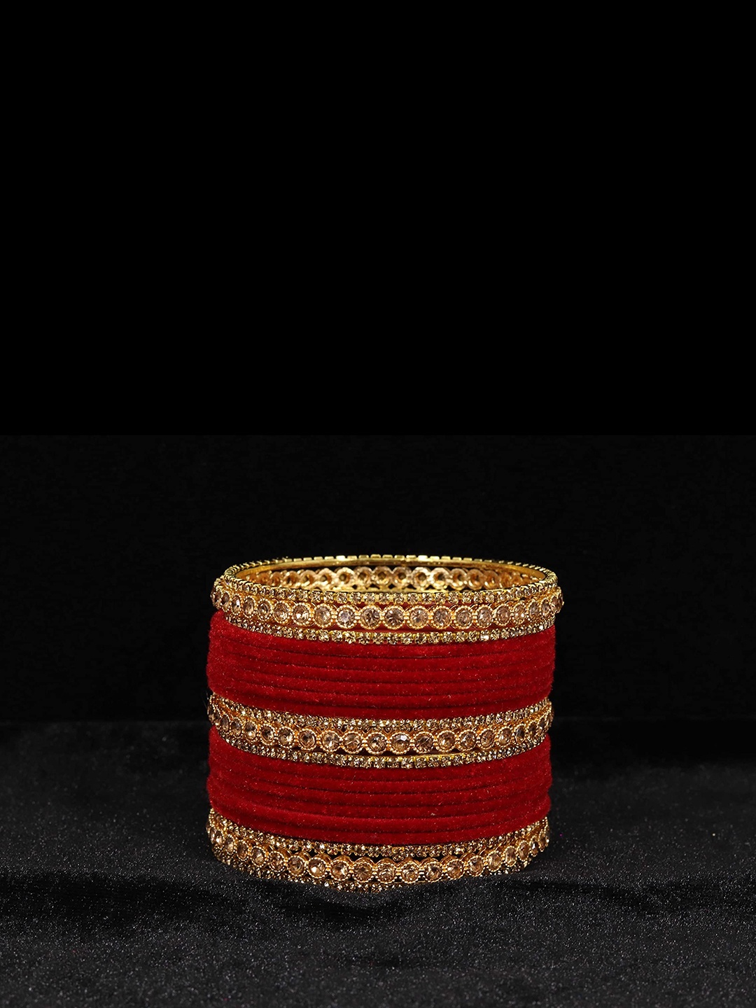 

ZULKA Set Of 42 Women Stone Studded Velvet Metal Bangle, Maroon