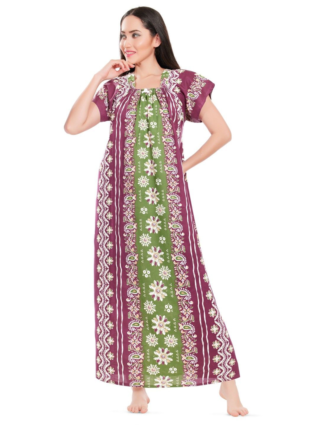 

Zionity Women Ethnic Motifs Printed Maxi Nightdress, Purple