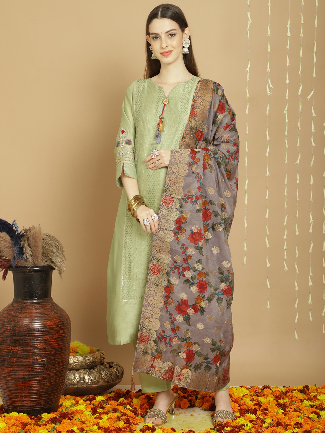 

KSM PRINTS Geometric Embroidered Semi-Stitched Dress Material, Green